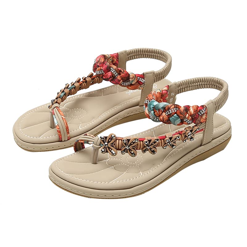 JrenBox Women's Bohemian Sloped Sandals - Fashion Metal Decor Casual Summer Non-Slip Sandals for Women | Beige Color | Size 6 | Perfect for Beach Vacations, Music Festivals & Boho-Chic Outfits