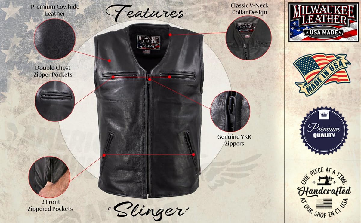 Premium Black Leather Motorcycle Vest for Men - Made in USA | Milwaukee Leather MLVSM | Perfect for Biker Riders & Motorcycle Enthusiasts
