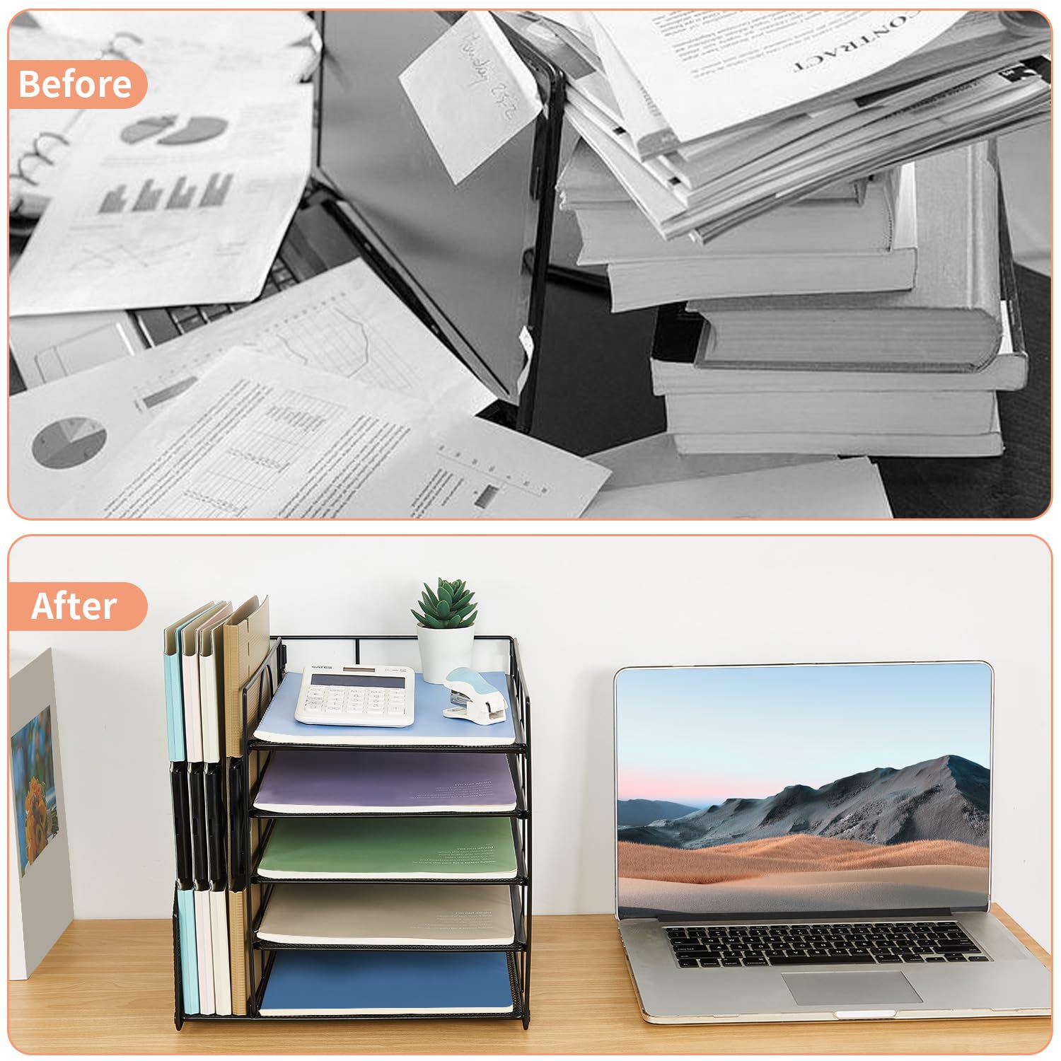 5-Tier Paper Letter Tray Organizer with File Holder - Black Desk Organizer for Office Supplies | Perfect for Home Office, School & Workspace Organization