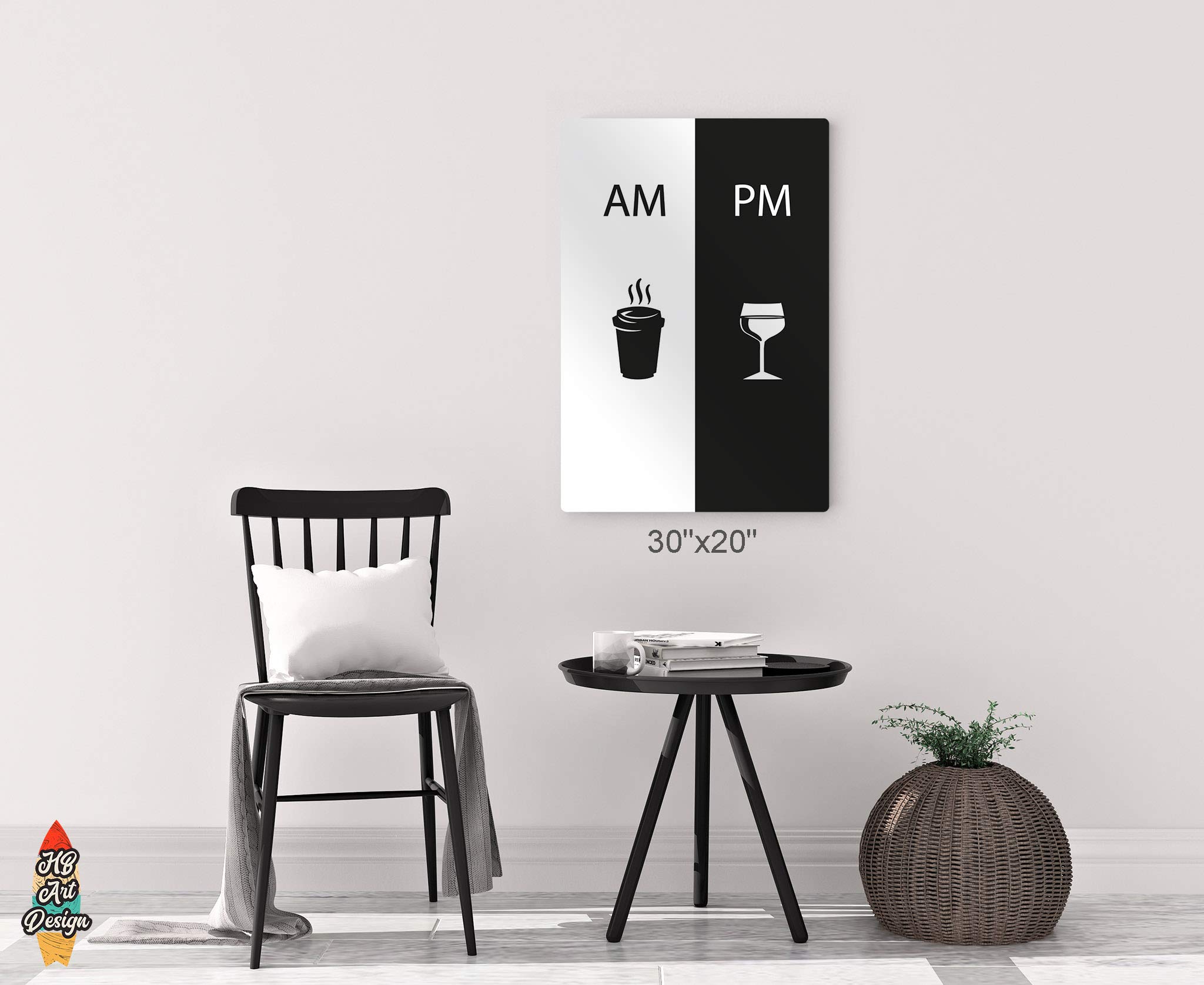 HB Art Design AM & PM Modern Black & White Coffee & Wine Metal Print Wall Art - 40x30 Inches - Coffee Bar, Kitchen, Dining Room & Restaurant Decor - Perfect for Home, Cafe & Coffee Shop Gifts
