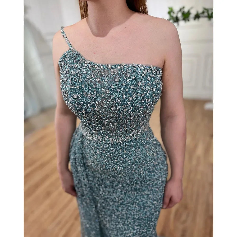 Sparkly Crystal Turquoise One Shoulder Evening Dress LA72144 - Elegant Formal Gown for Prom, Wedding & Special Occasions
