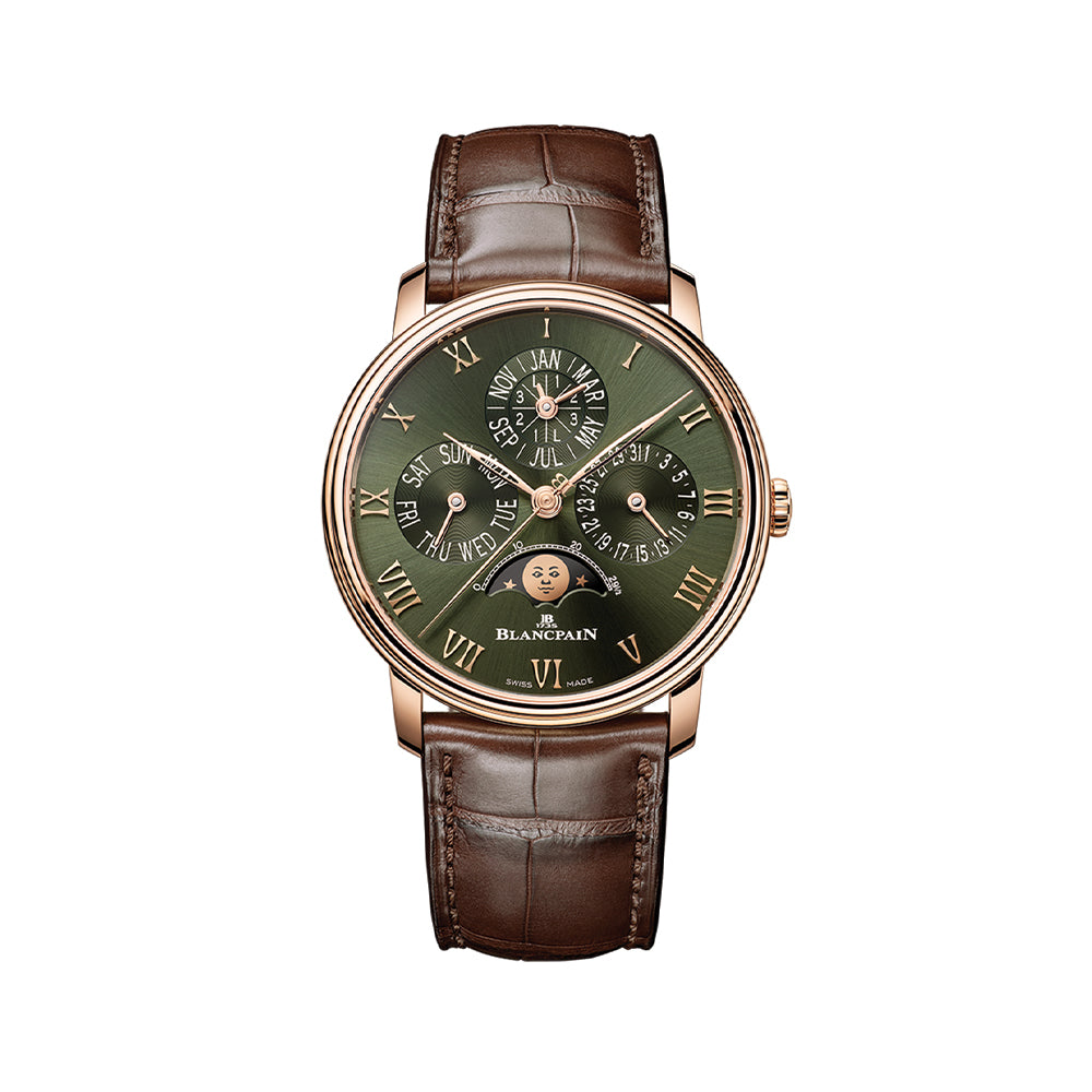 Villeret Perpetual Calendar 40.3mm Red Gold Watch with Green Leather Strap - Luxury Timepiece for Formal Events & Business Occasions