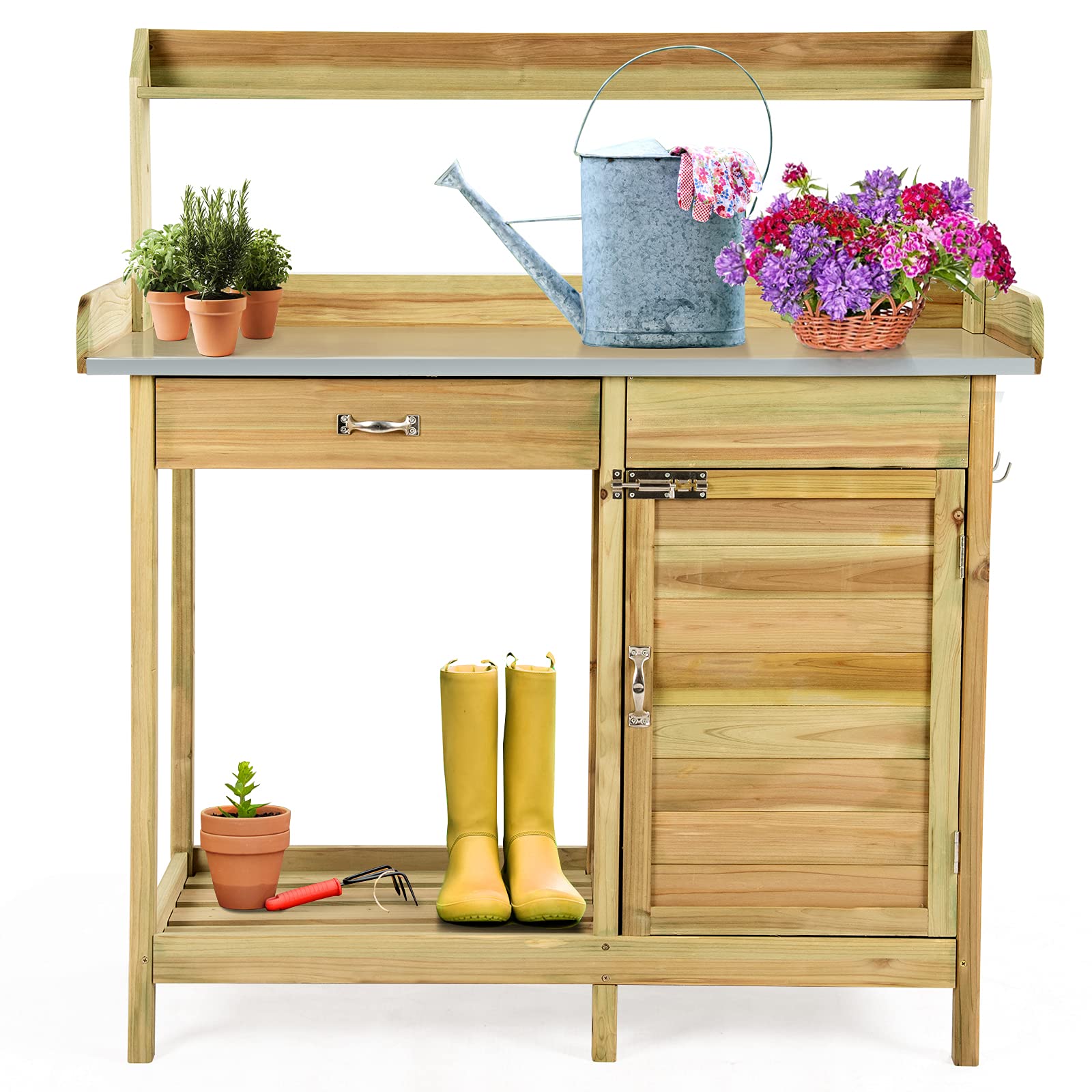 SAFSTAR Outdoor Potting Bench Table - Wooden Garden Workstation with Drawer, Storage Cabinet, Open Shelf & Side Hooks - Durable Metal Tabletop Gardening Workbench for Backyard, Balcony & Patio - Perfect for Planting, Potting & Organizing Garden Tools