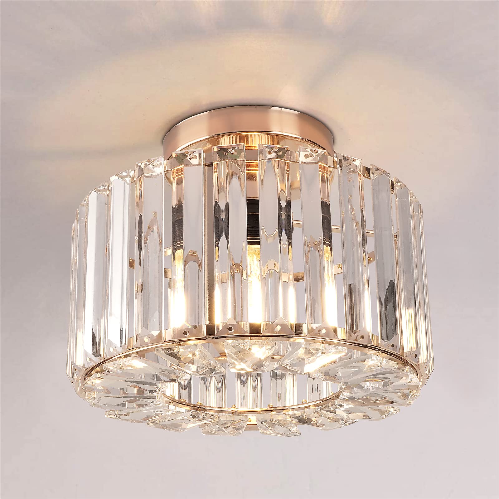 FRIDEKO HOME Modern Crystal Chandelier Semi-Flush Mount Ceiling Light - Gold Finish Lighting Fixture for Hallway, Porch, Kitchen, Bedroom, Living Room & Entryway | Elegant Home Decor & Ambient Lighting Solution