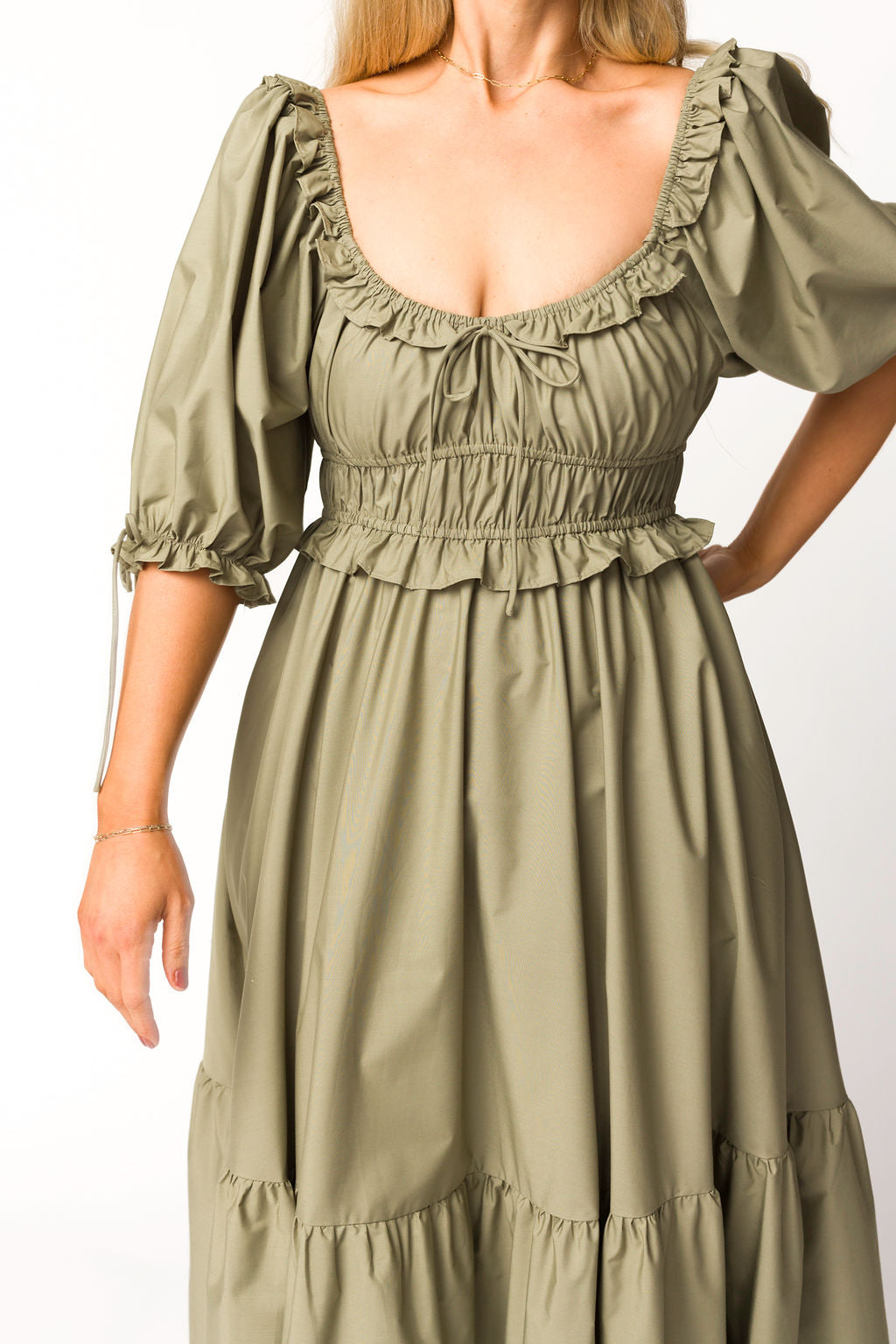 Crissy Ruched Midi Dress in Dusty Olive - Bump Friendly Maternity Dress for Women, Stretchy Bodycon Dress for Pregnancy & Nursing - Perfect for Baby Showers, Date Nights & Special Occasions