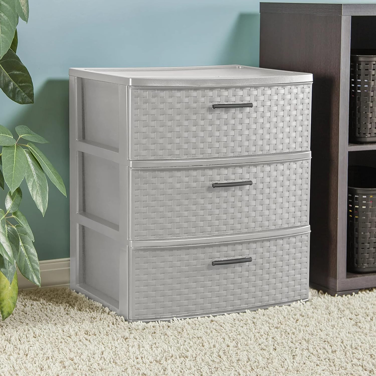 3-Drawer Wide Plastic Weave Storage Tower with Pull Handles - Decorative Organizer for Bedroom, Closet & Office - Space-Saving Cement Design (1-Pack) - Perfect for Small Spaces, Dorm Rooms & Home Organization