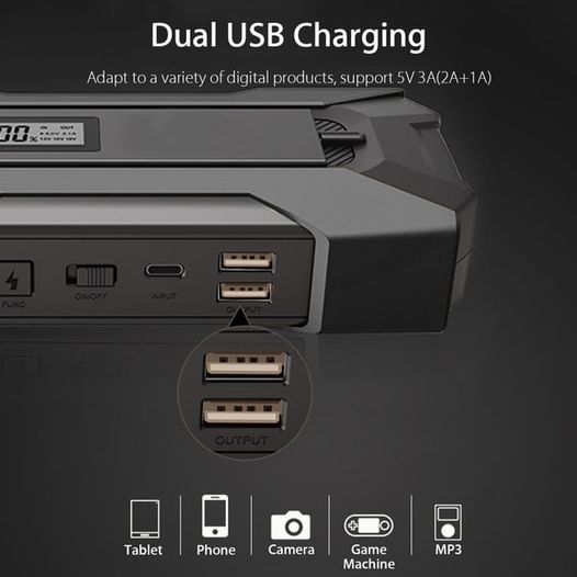 12000mAh 3-in-1 Portable Jump Starter Kit - Car Battery Booster, Power Bank & LED Flashlight for Emergency, Camping & Road Trips