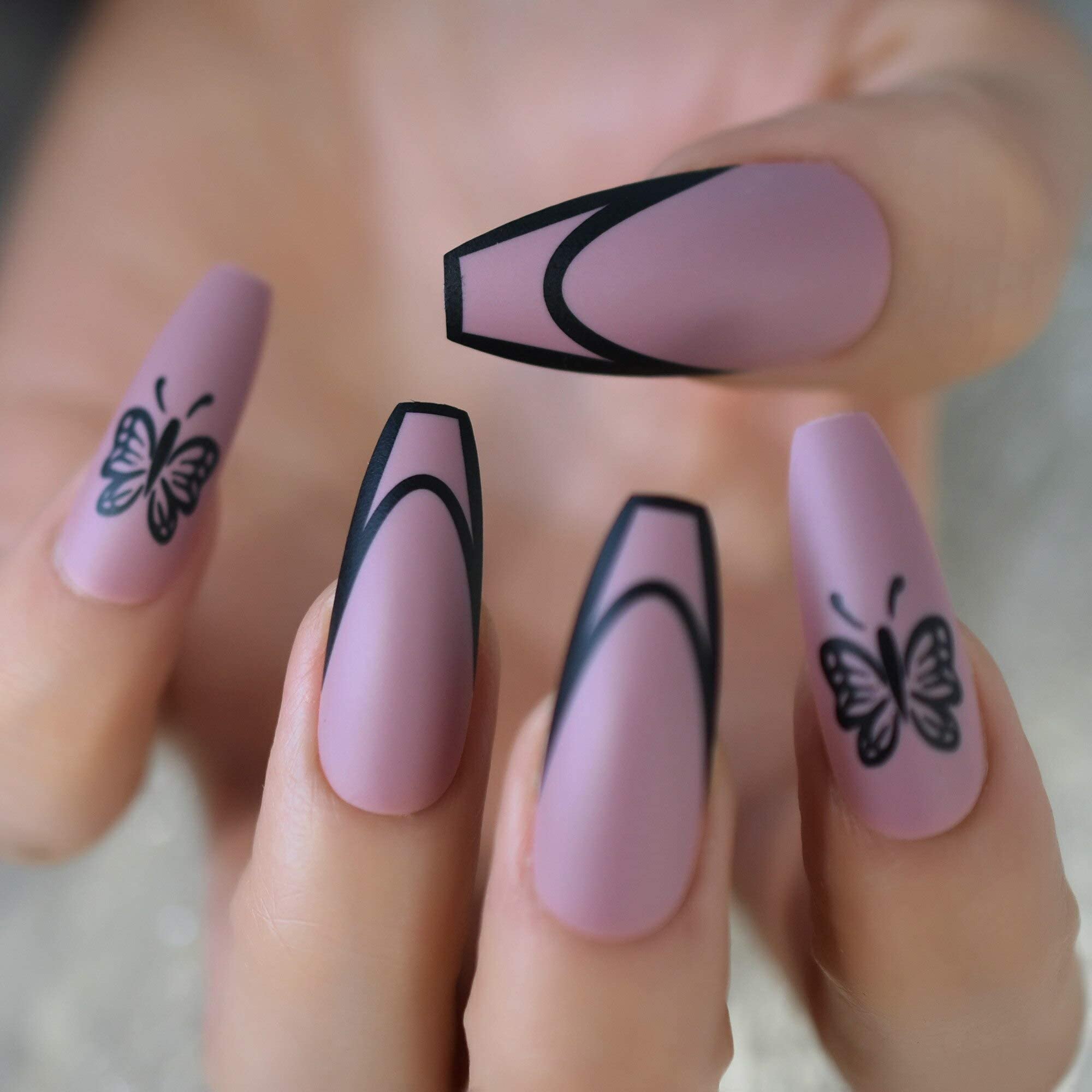 Matte Butterfly Press On Nails - Pink & Purple Coffin Fake Nails with Full Cover Tips for Salon & DIY Manicure | Perfect for Parties, Weddings & Special Occasions