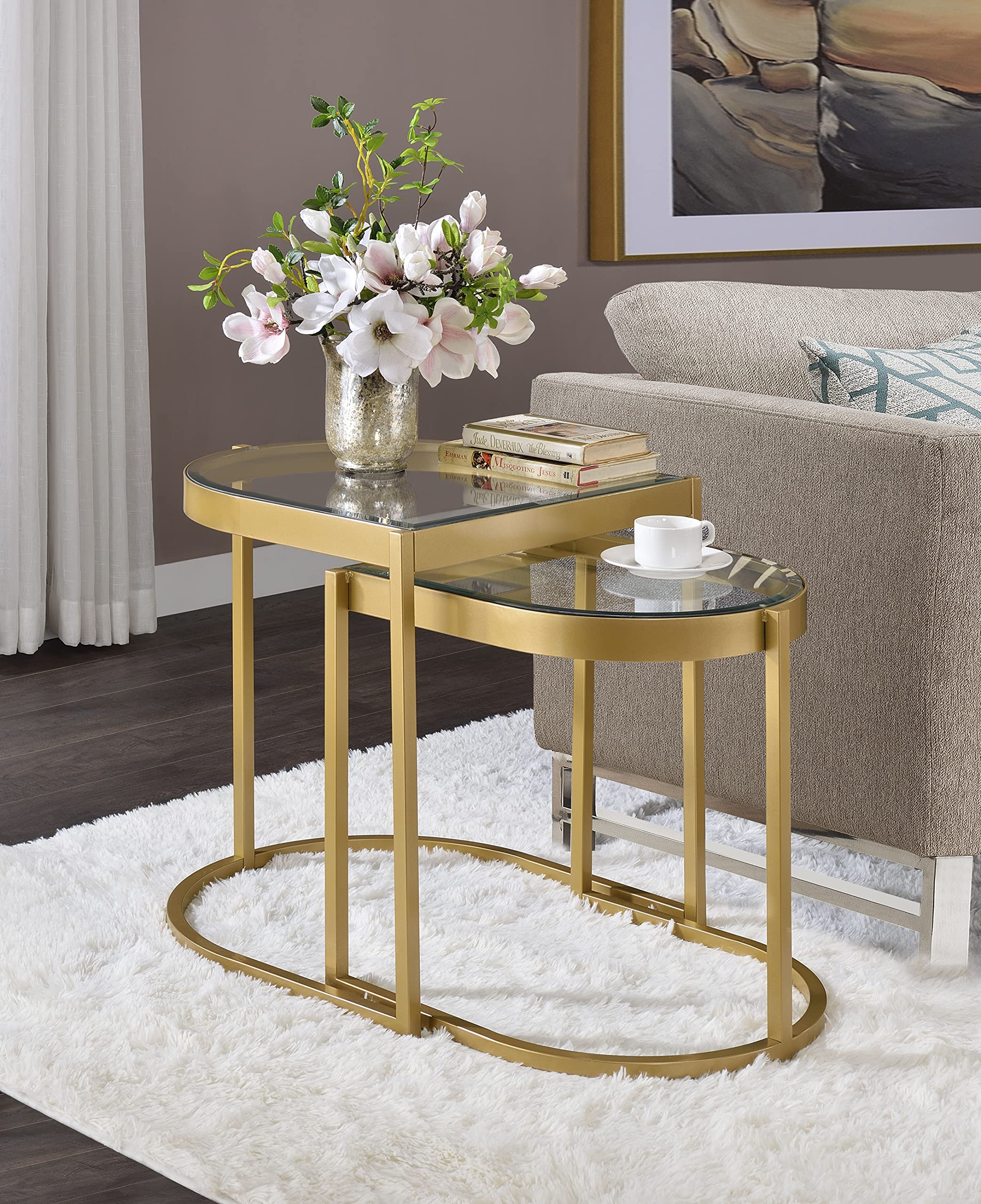 Stylish Set of 2 Golden Nesting Coffee Tables - Modern Accent Side Tables for Living Room, Bedroom & Home Office - Perfect as Plant Stand or End Table (Indoor & Patio Use)
