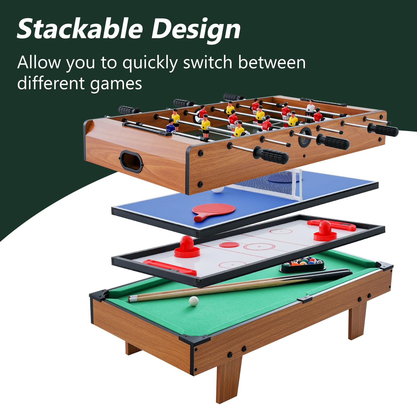 Goplus 4-in-1 Multi Game Table Set - Pool Billiards, Air Hockey, Foosball & Table Tennis Combo - Stackable Arcade Tabletop for Home, Game Room, Family Party & Indoor Entertainment