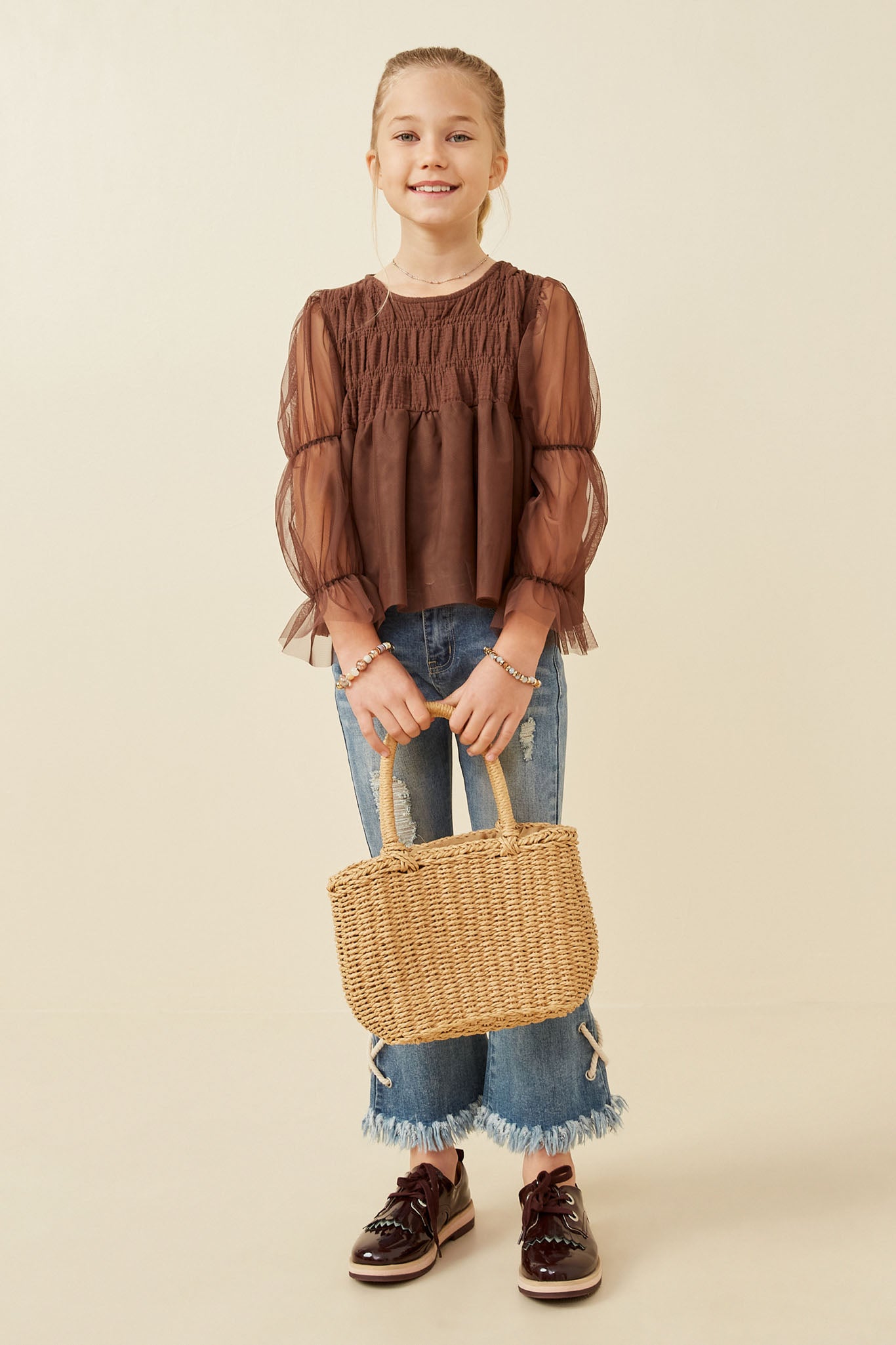 Peasant Sleeve Smocked Mesh Top for Women - Flowy Boho Blouse with Elastic Neckline - Perfect for Summer Outfits, Beach Vacations & Casual Date Nights