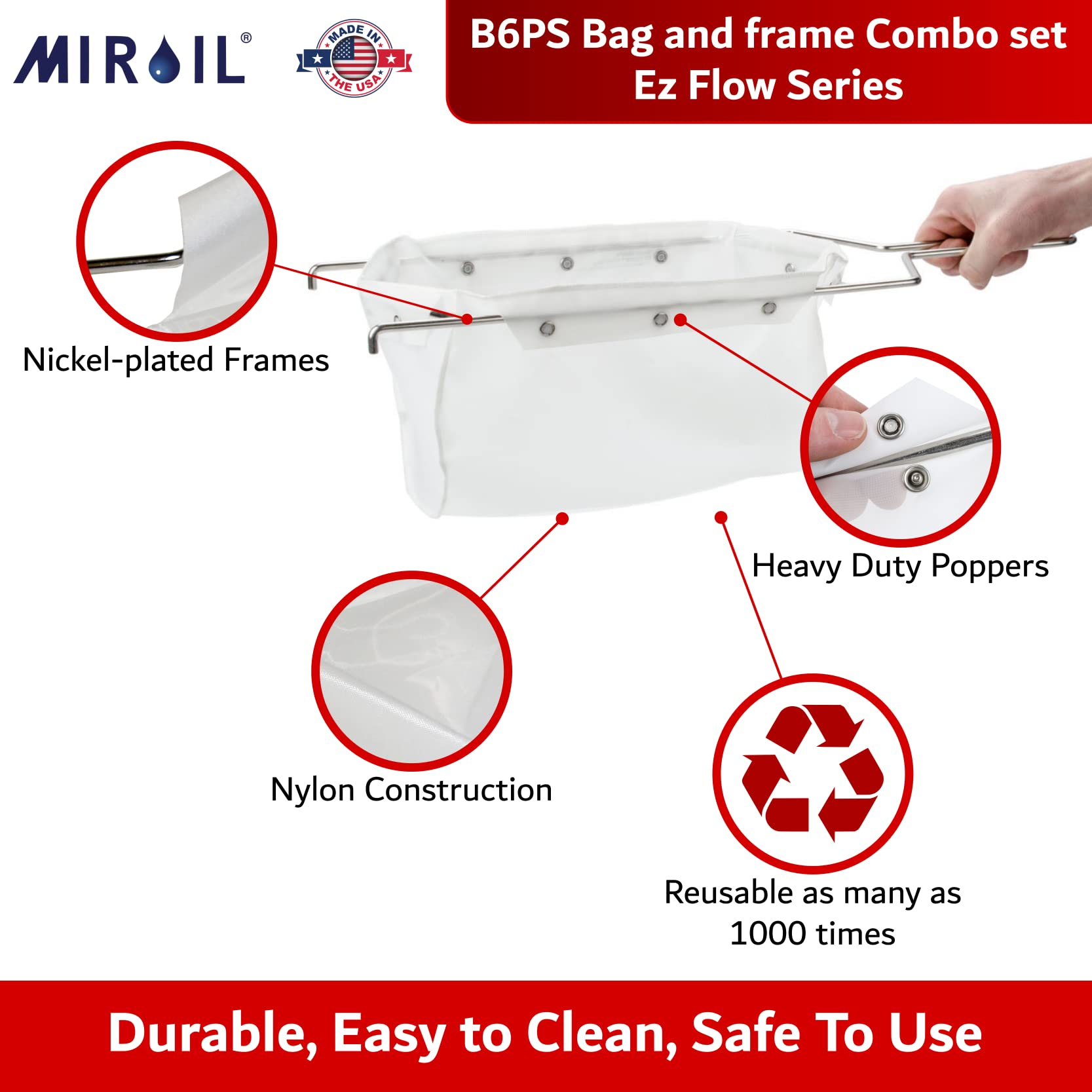 MirOil B6PS Fryer Filter Bag & Frame Combo - Extend Cooking Oil Life, Reduce Contaminants, Maintain Food Taste & Quality - Hot & Cold Oil Filtration for 70 Lb. Commercial Deep Fryers - Perfect for Restaurants, Food Trucks & Catering Businesses