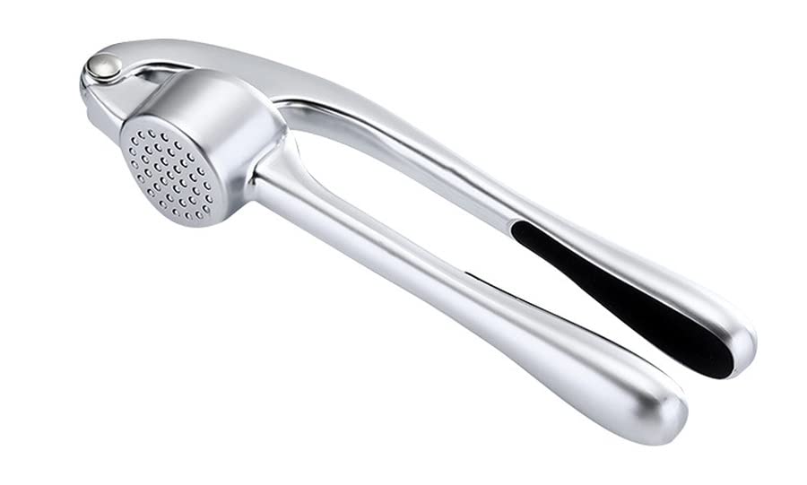 Premium Zinc Alloy Garlic Press - Heavy Duty Manual Garlic Crusher & Masher with Peeler - Rustproof Kitchen Gadget for Cooking, Baking & Meal Prep (Silver)