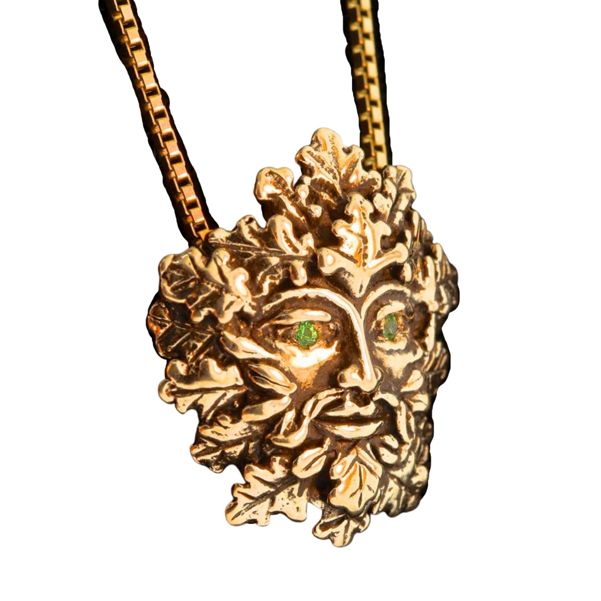 14K Gold Green Man Pendant Necklace with Tsavorite Gemstone Eyes - Nature Inspired Leaf Man Charm Jewelry for Women, Perfect for Boho Fashion, Spiritual Gifts & Nature Lovers