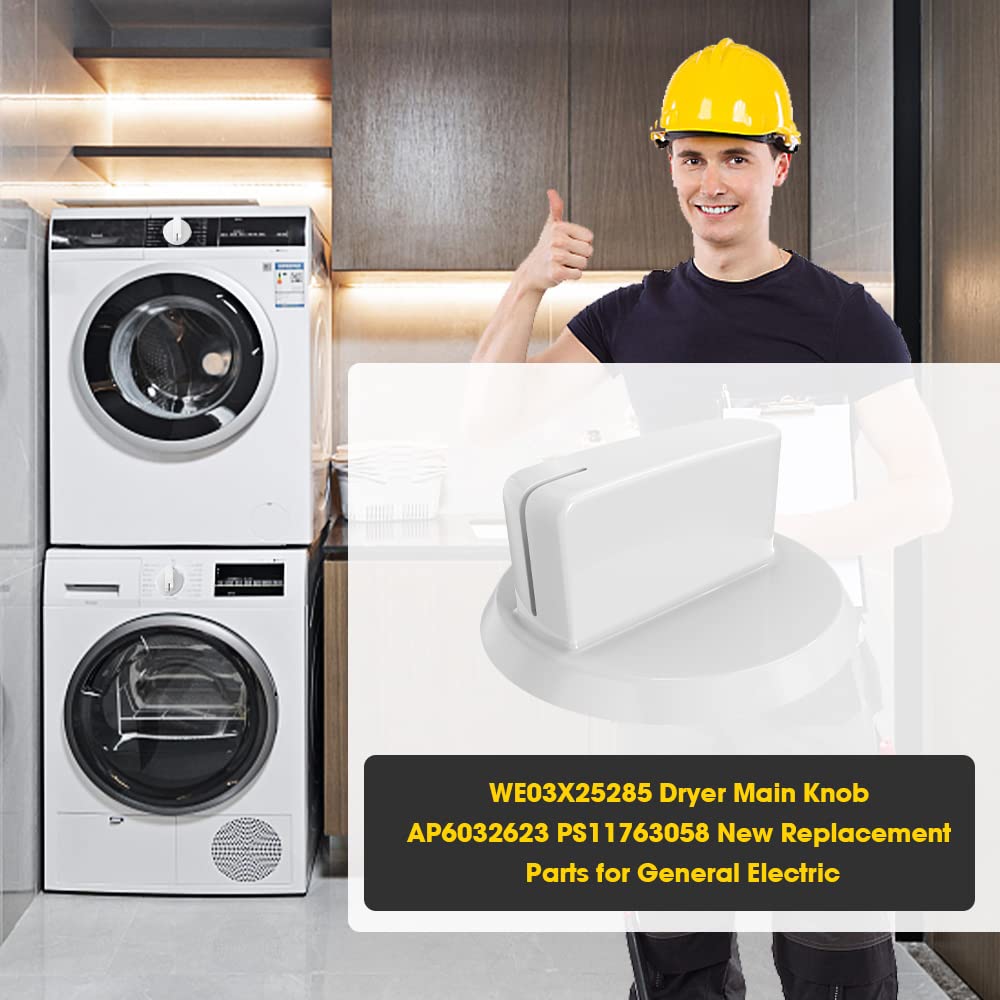 GE Dryer Timer Control Knob Assembly WE03X25285 - Replacement for AP6032623 & PS11763058 - Durable White Plastic Knob for GE Dryer Repair - Perfect for Home Laundry Room Maintenance