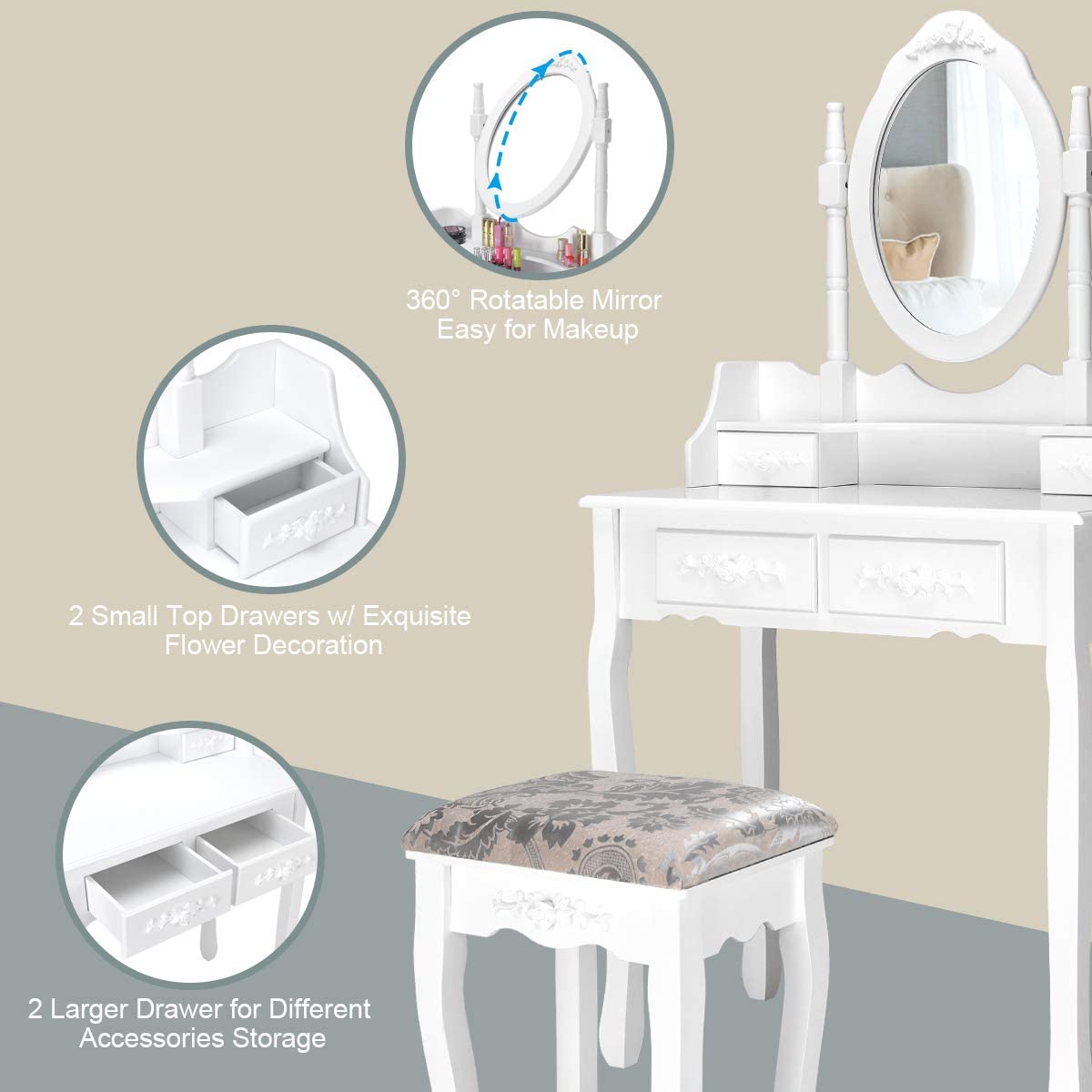 MAT EXPERT White Vanity Table Set with 360° Rotatable Mirror - Multifunctional Dressing Table with Cushioned Stool, Makeup Organizer Dresser with Mirror & 4 Drawers - Modern Bedroom Vanity Set for Makeup, Skincare & Jewelry Organization (Perfect for Small Spaces & Home Decor)