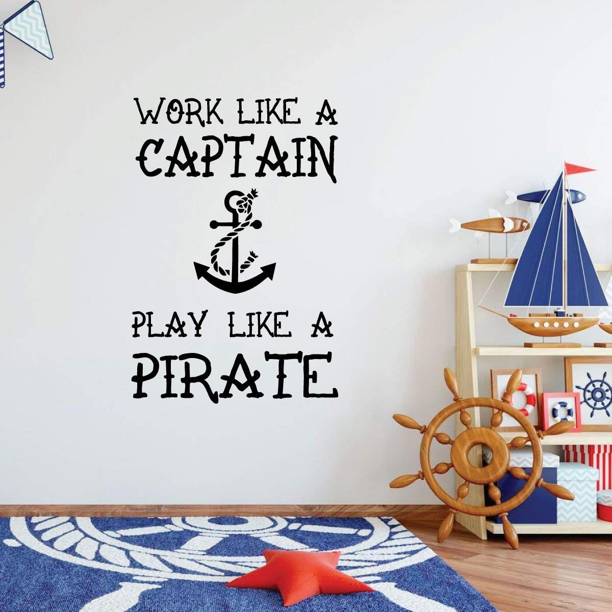 Playroom Wall Decal - Work Like A Captain Play Like A Pirate - Removable Vinyl Wall Art for Kids' Bedroom, Nursery & Children's Room Decor - Perfect for Pirate Themed Birthday Parties & Nursery Wall Stickers