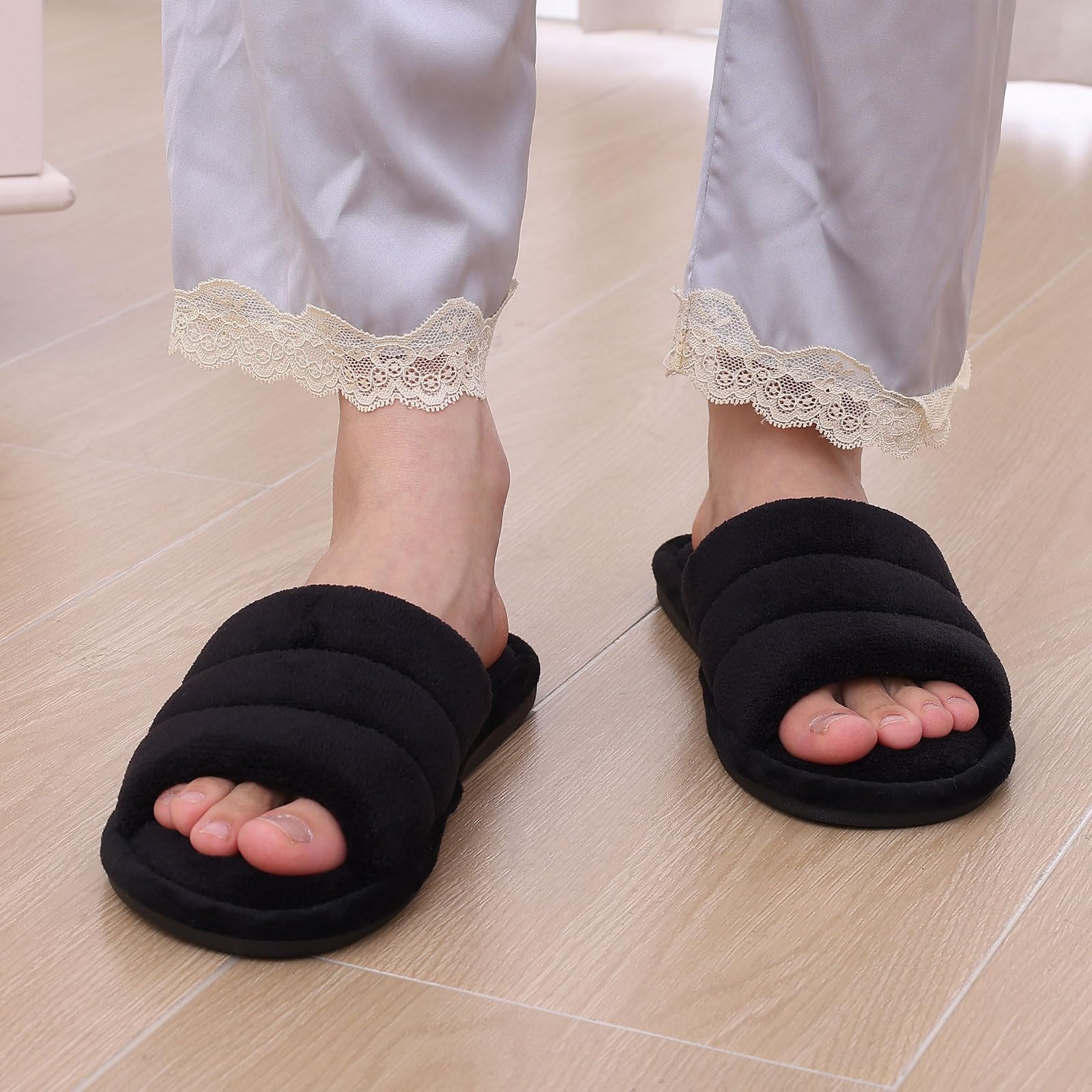 **Shevalues Women's Terry Cloth Open Toe Slippers with Memory Foam - Soft & Comfortable Slip-On House Shoes for Relaxing at Home, Spa, or Lounging**