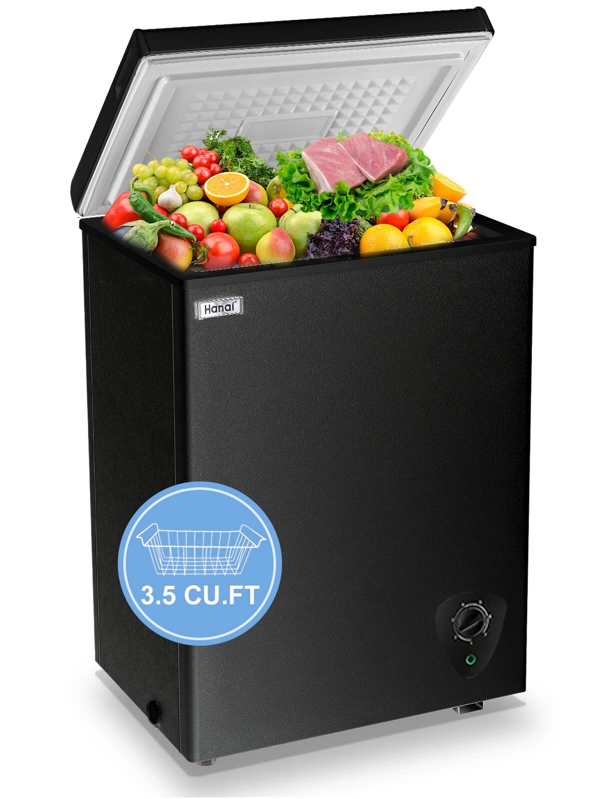 3.5 Cu.Ft Compact Chest Freezer - Energy Efficient Deep Freezer with Adjustable Thermostat & Removable Basket - Perfect for Apartments, Kitchens & Small Spaces - Black Free-Standing Top Door Design