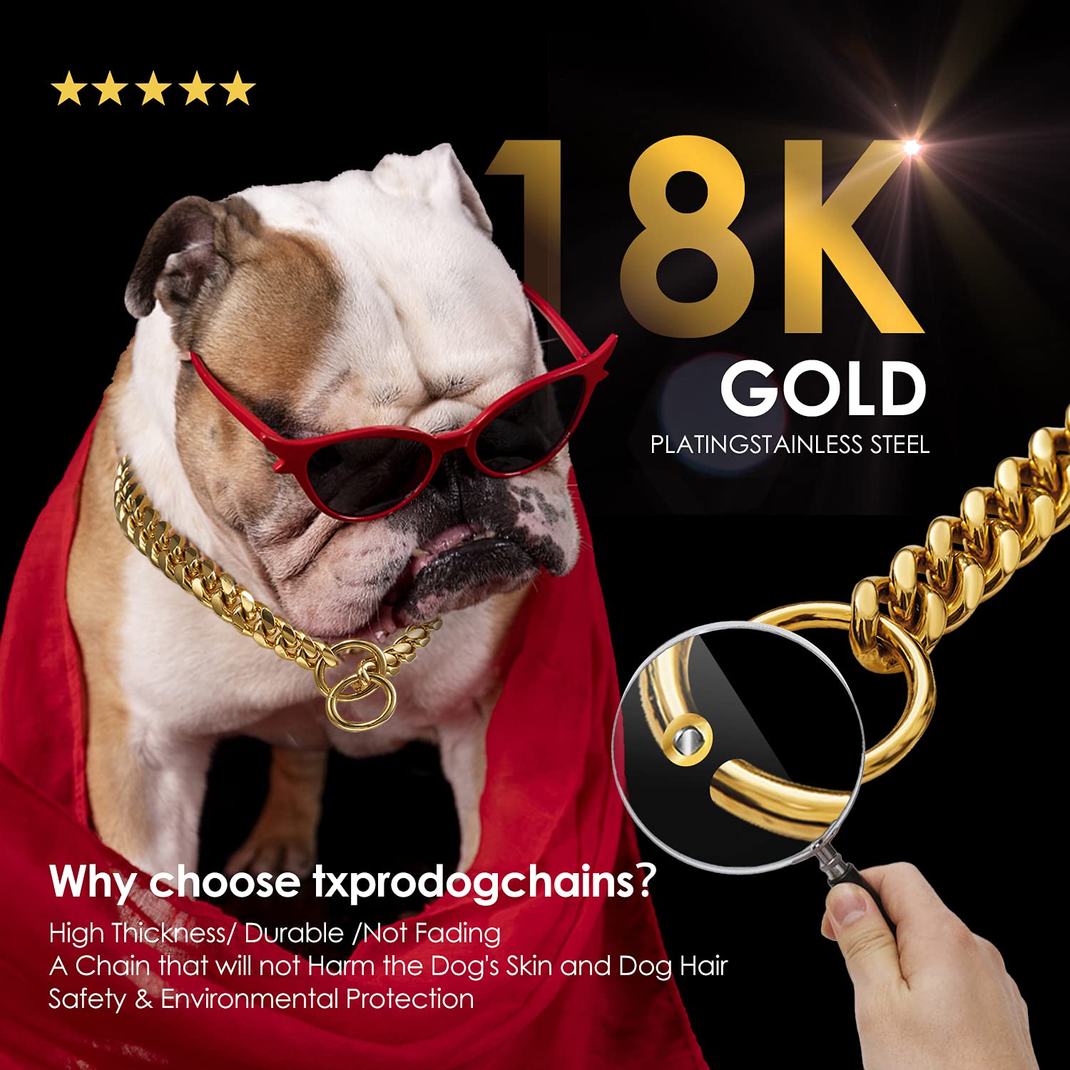 Rose Gold Chain Dog Collar - 10MM Cuban Link Stainless Steel Training Collar for Small, Medium & Large Dogs (10-29in) - Perfect for Walking, Training & Fashion Pet Accessories