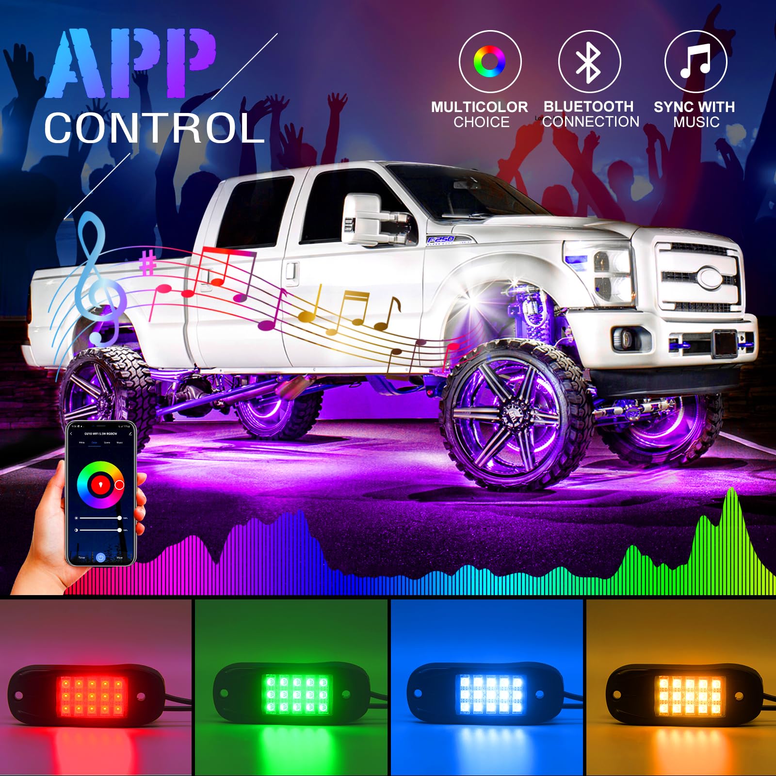 10 Pods RGB LED Rock Lights for Trucks, UTV, SUV, ATV & RZR - App Controlled Underglow Kit with Flashing & Music Sync Modes - Perfect for Off-Roading, Car Shows & Night Driving