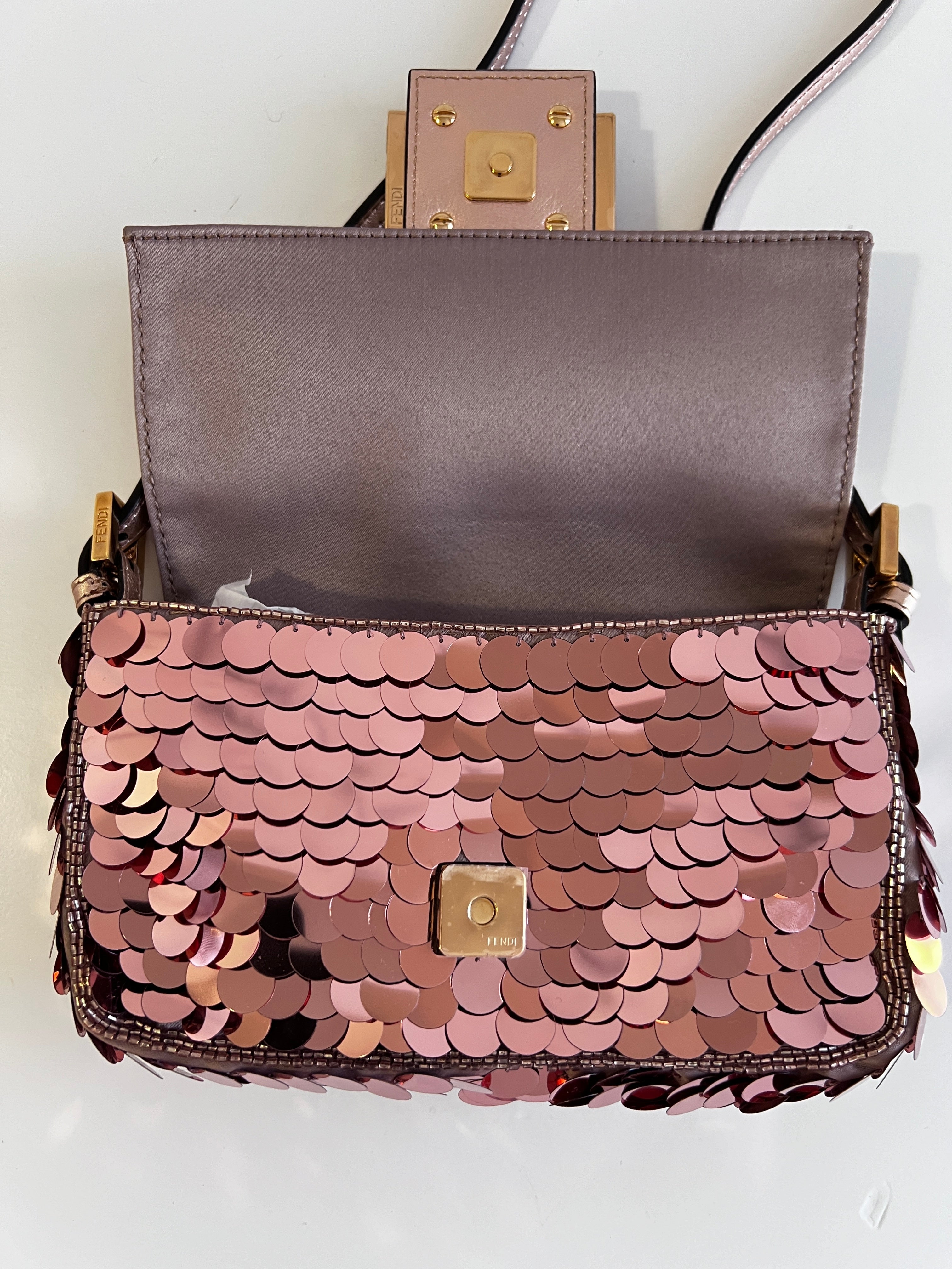 Fendi Rose Gold Sequin Mini Baguette Bag - Luxury Designer Crossbody Purse for Women | Perfect for Parties, Weddings & Evening Events
