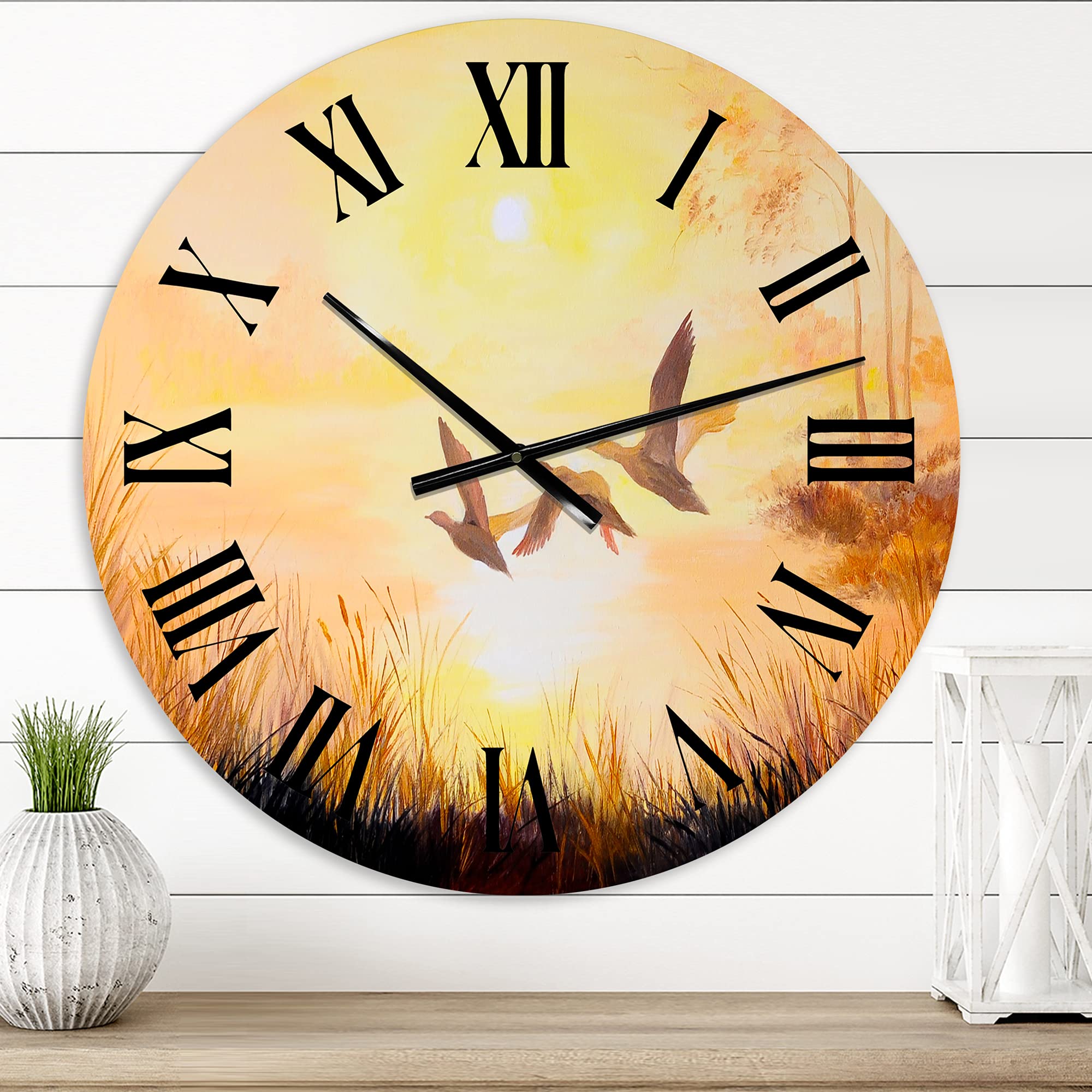 Large Traditional Wall Clock 'Three Cranes Flying Through Sunset' - Elegant Animal-Themed Decorative Clock for Bedroom, Living Room & Office Decor | Perfect Home & Gift Idea
