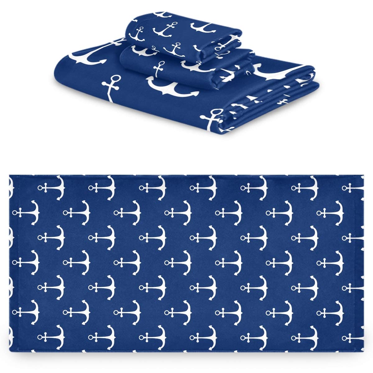 Premium Nautical Anchor Print 3-Piece Bath Towel Set - 1 Bath Towel, 1 Hand Towel, 1 Washcloth | Soft & Absorbent Cotton Towels for Bathroom, Spa, Beach & Gym | Navy Blue Anchor Design for Coastal Decor & Nautical Theme Bathrooms