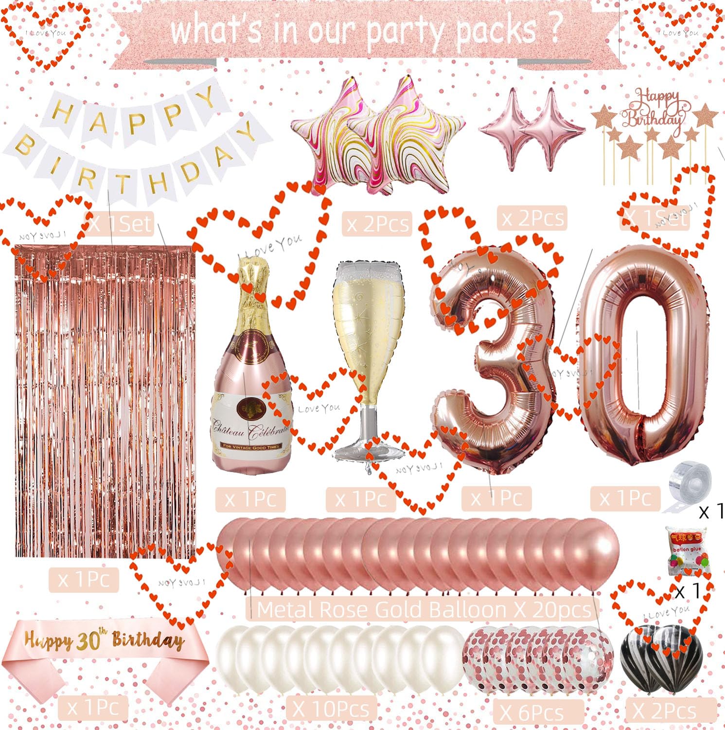 Rose Gold 30th Birthday Party Decorations for Women - Happy Birthday Banner, Cake Topper, Foil Balloons & Sash - 30 Birthday Party Supplies for Her - Perfect for Milestone Celebrations, Girls' Thirty Birthday Parties & Special Occasions