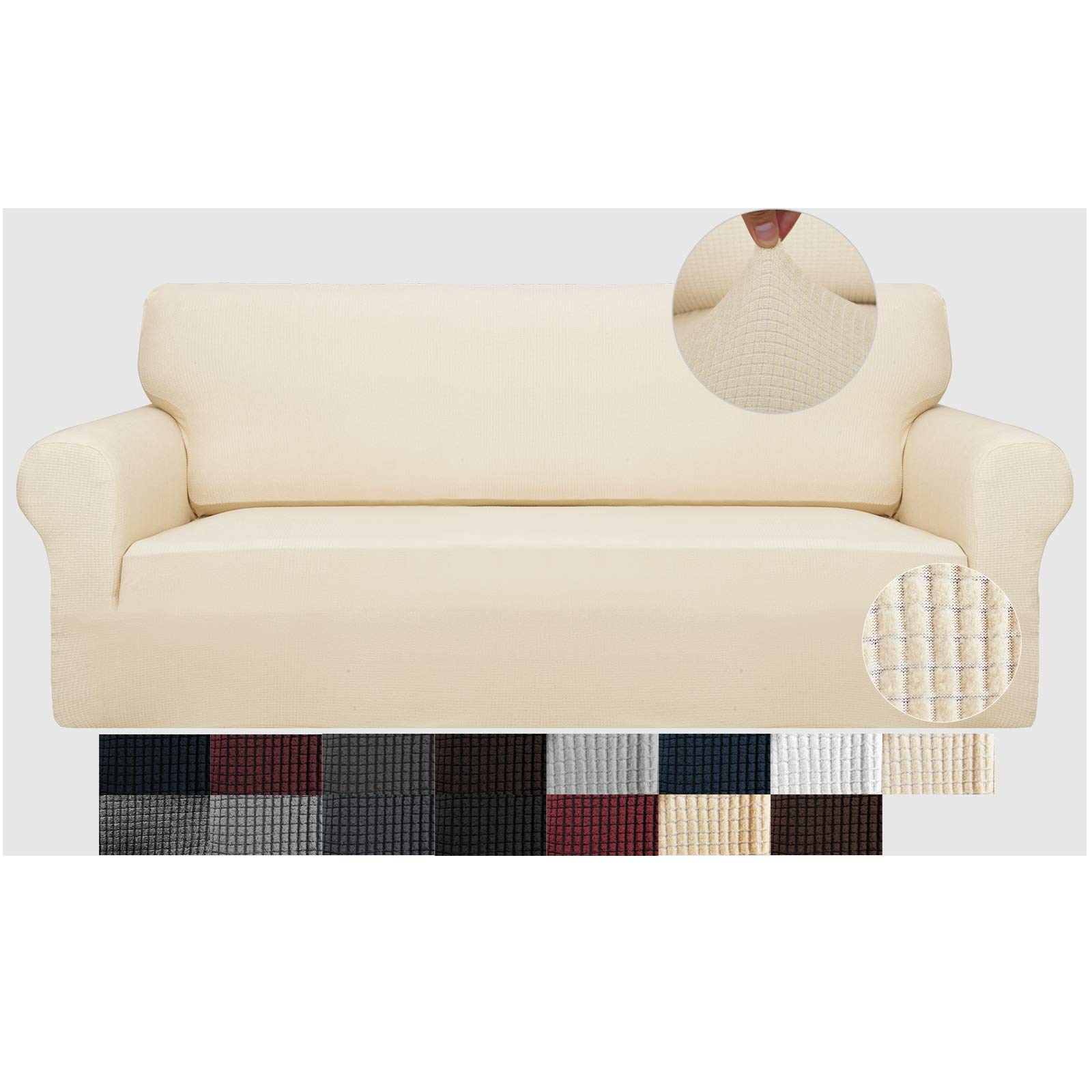 JIVINER Stretchable Jacquard Sofa Cover for 3-Cushion Couch - 1-Piece Elastic Slipcover with Anti-Slip Bottom, Furniture Protector for Pets & Kids (Light Beige) - Perfect for Living Room, Family Room & Pet-Friendly Homes