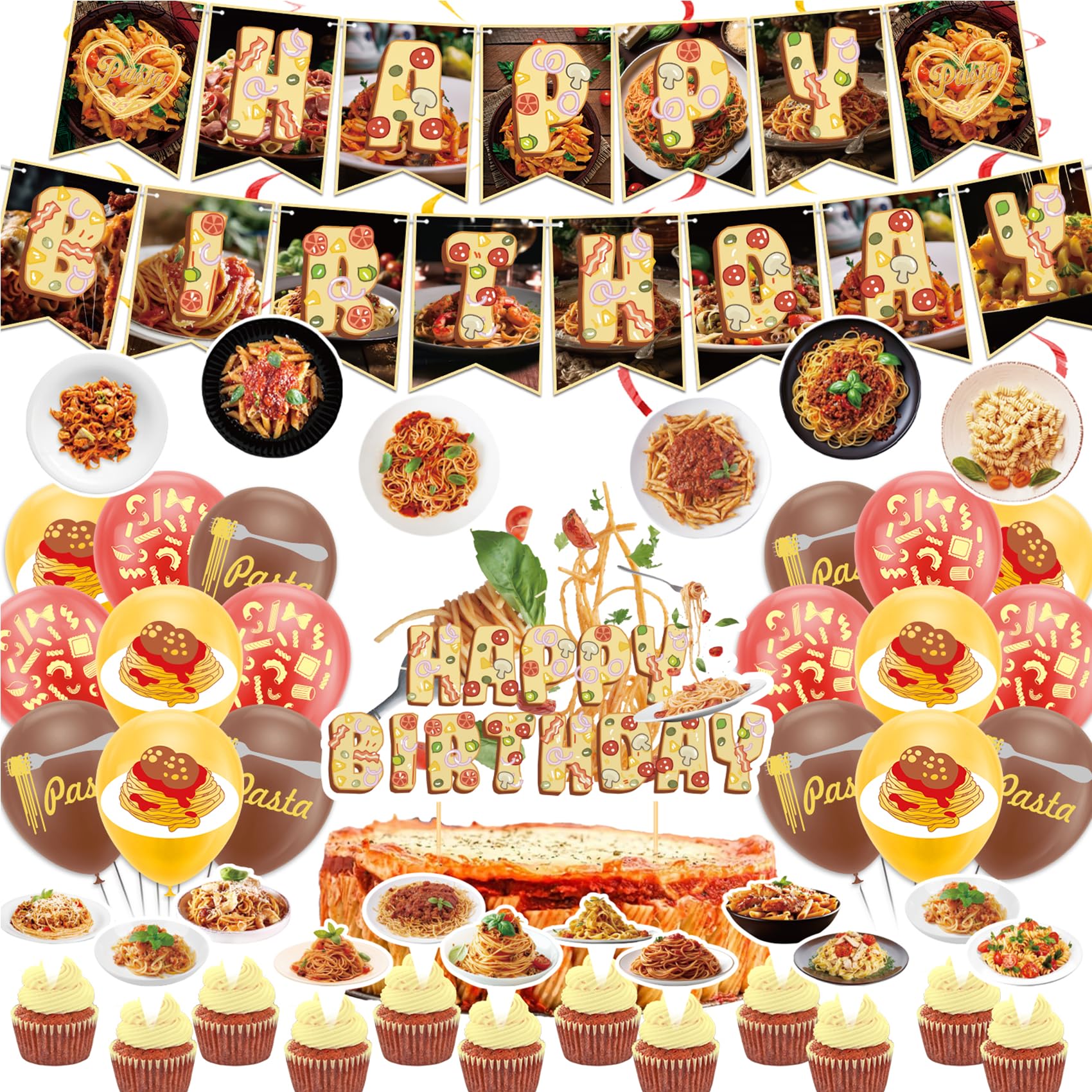 Pasta Party Decorations Set - Spaghetti Birthday Party Supplies with Happy Birthday Banner, Cake Topper, Cupcake Toppers, Hanging Swirls & Balloons - Perfect for Italian-Themed Birthday Parties, Pasta Lover Celebrations & Fun Family Gatherings