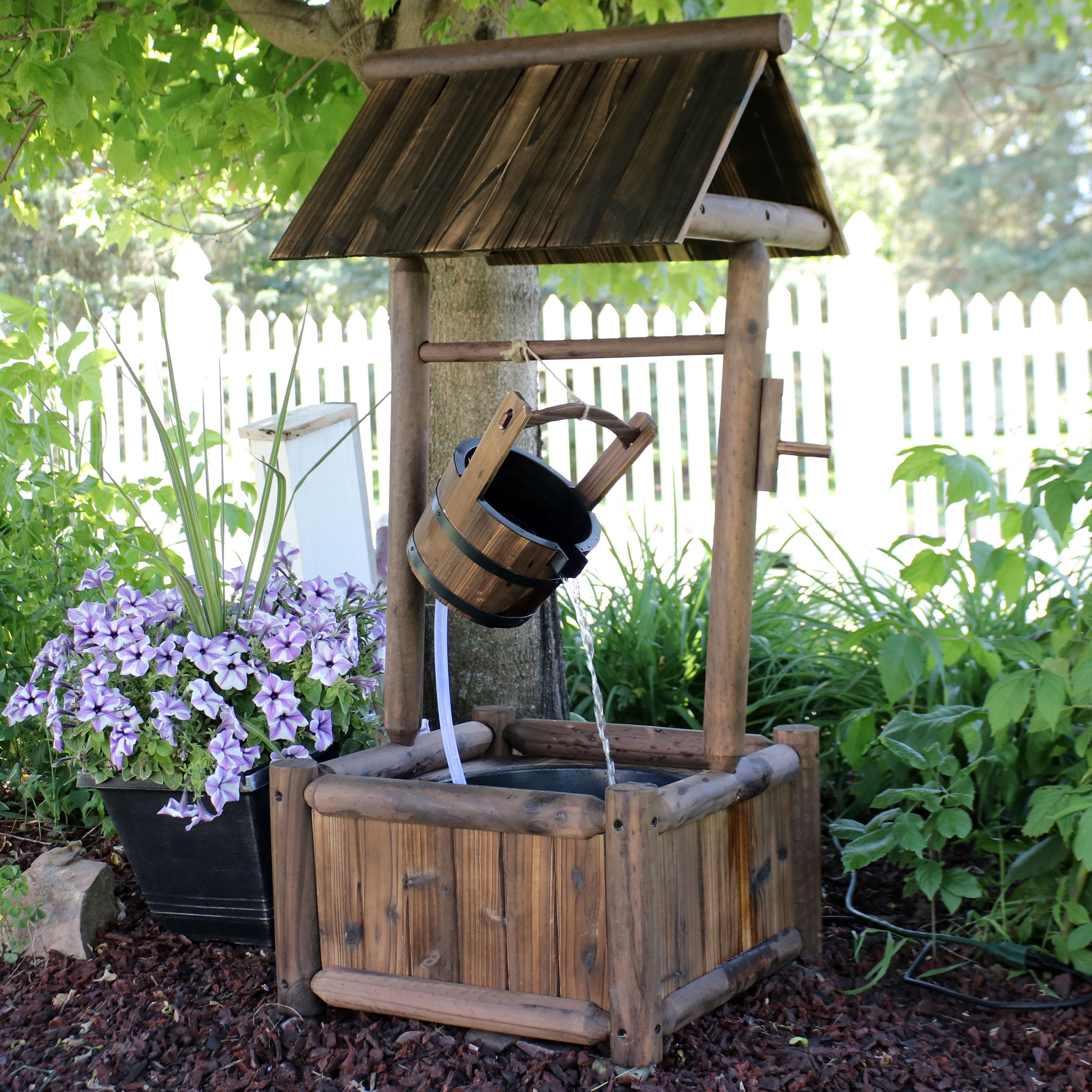 Rustic Wood Wishing Well Outdoor Fountain with Liner - 46