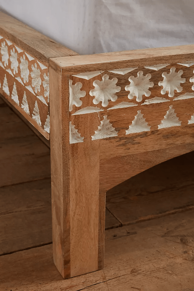 Hand Carved Albaran Bed Frame - Solid Wood Platform Bed with Upholstered Headboard | Modern Bedroom Furniture for Master Bedroom, Guest Room & Apartment
