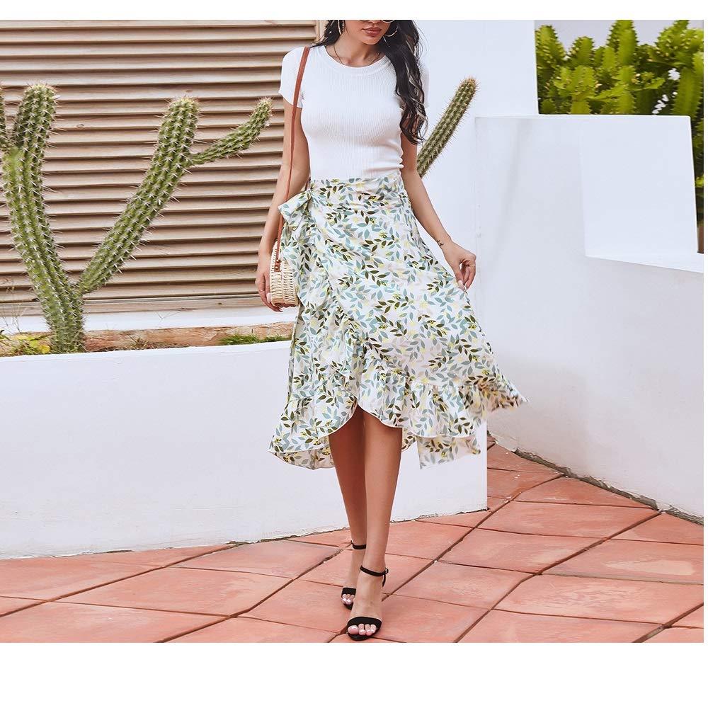 Women's Floral Chiffon Midi Skirt - High Waist Wrap Side Asymmetrical Bohemian Long Skirt for Summer Beach Vacation, Outdoor Date Night & Casual Wear
