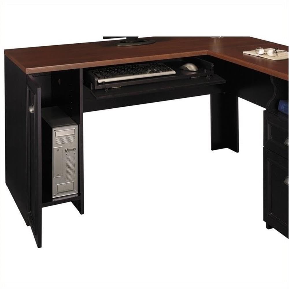 Pemberly Row Black L-Shaped Wood Computer Desk - Home Office Workstation with Storage Shelf for Gaming, Study & Remote Work