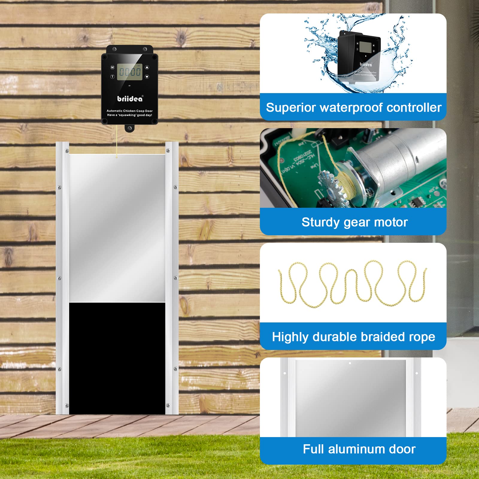 Briidea Automatic Chicken Coop Door - Waterproof Electric Auto Chicken Door Kit with Timer & Light Sensor, Battery Powered for Poultry Farm, Backyard Chicken Coops & DIY Chicken Houses