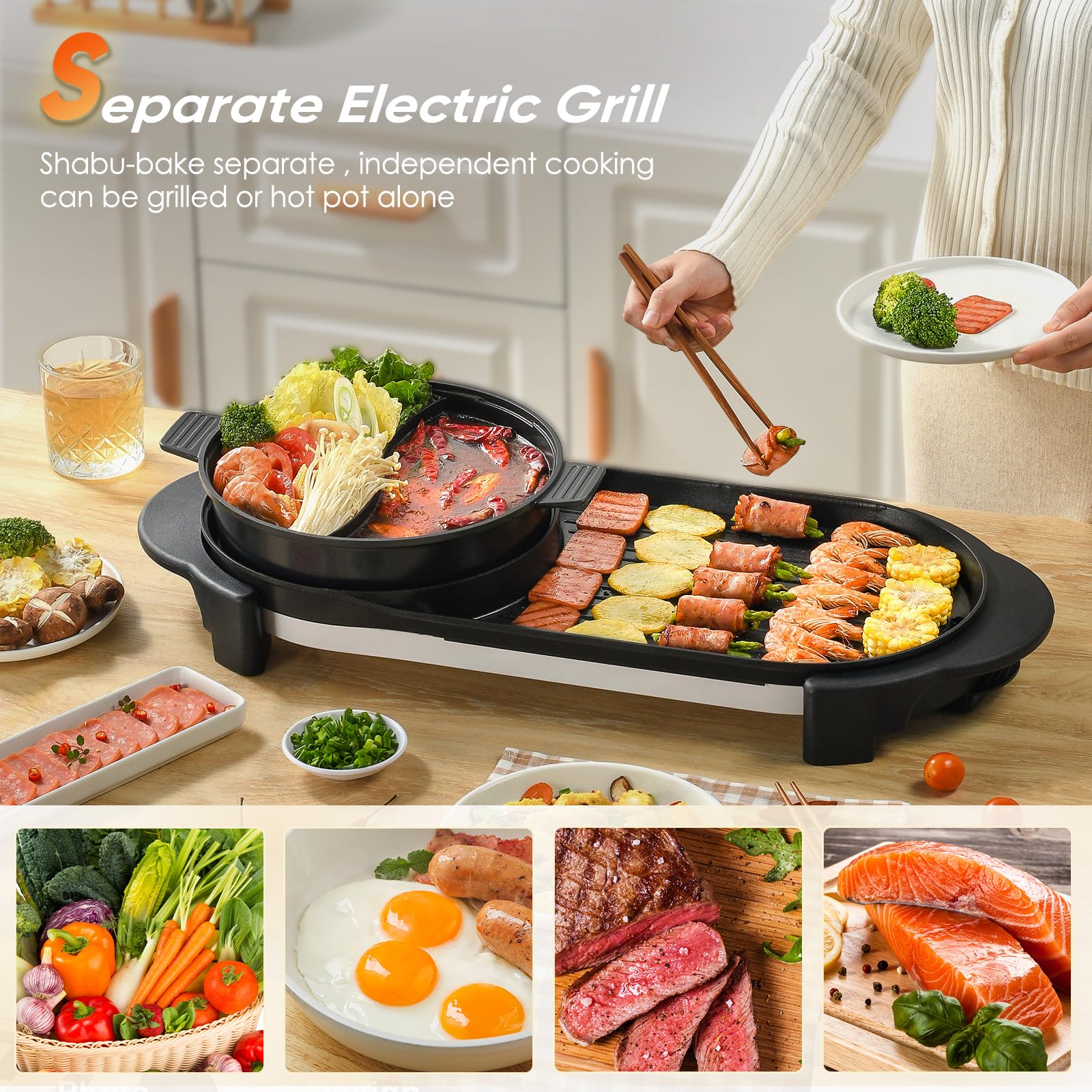 2 in 1 Electric Smokeless Hot Pot & Grill Combo - 2200W Removable Non-Stick Pot for Korean BBQ, Shabu Shabu & Indoor Cooking - Dual Adjustable Temperature Control for 1-6 People - Perfect for Family Gatherings, Dinner Parties & Asian Cuisine Lovers