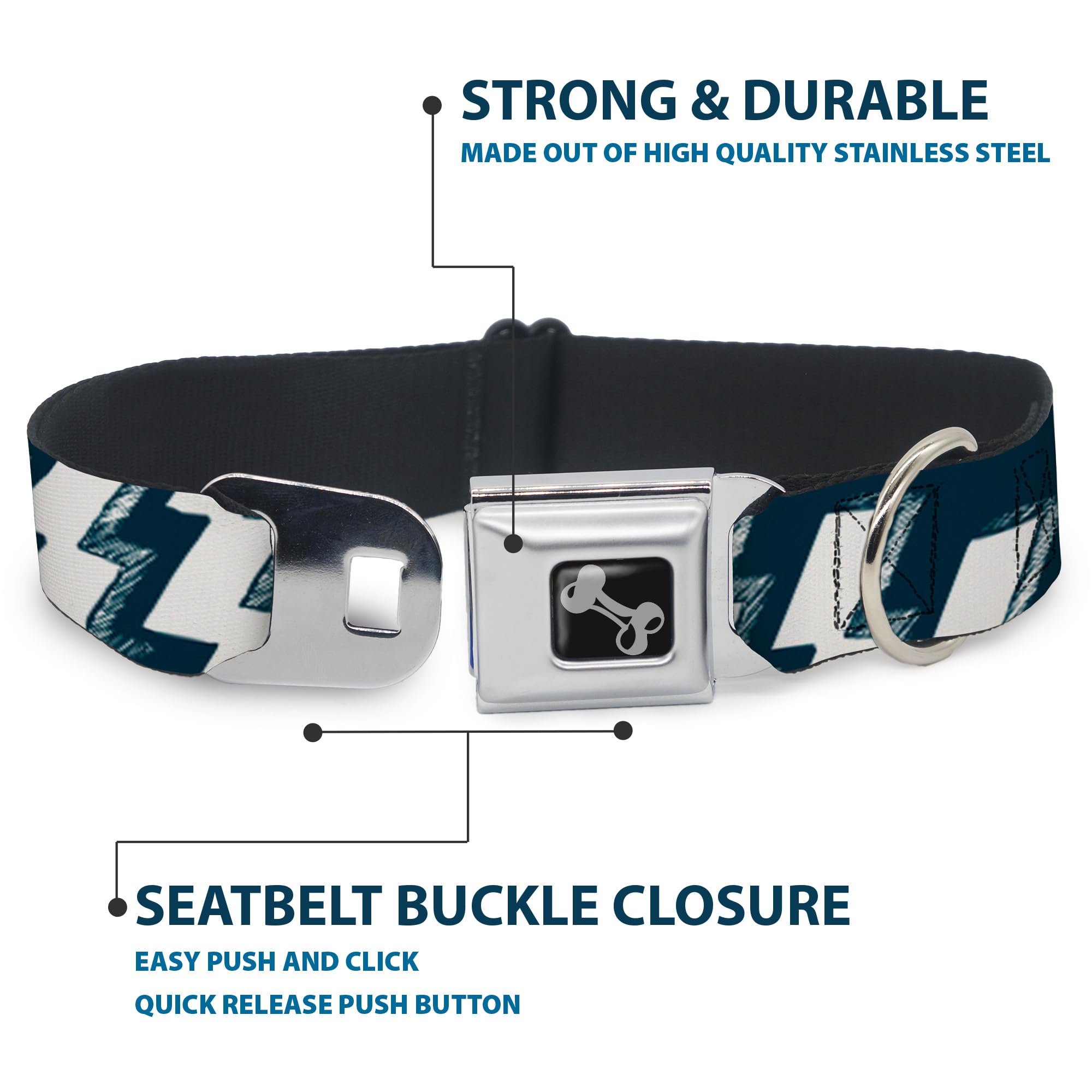 Buckle-Down Dog Collar with Seatbelt Buckle - Navy & White Lightning Design for Large Dogs (15-26