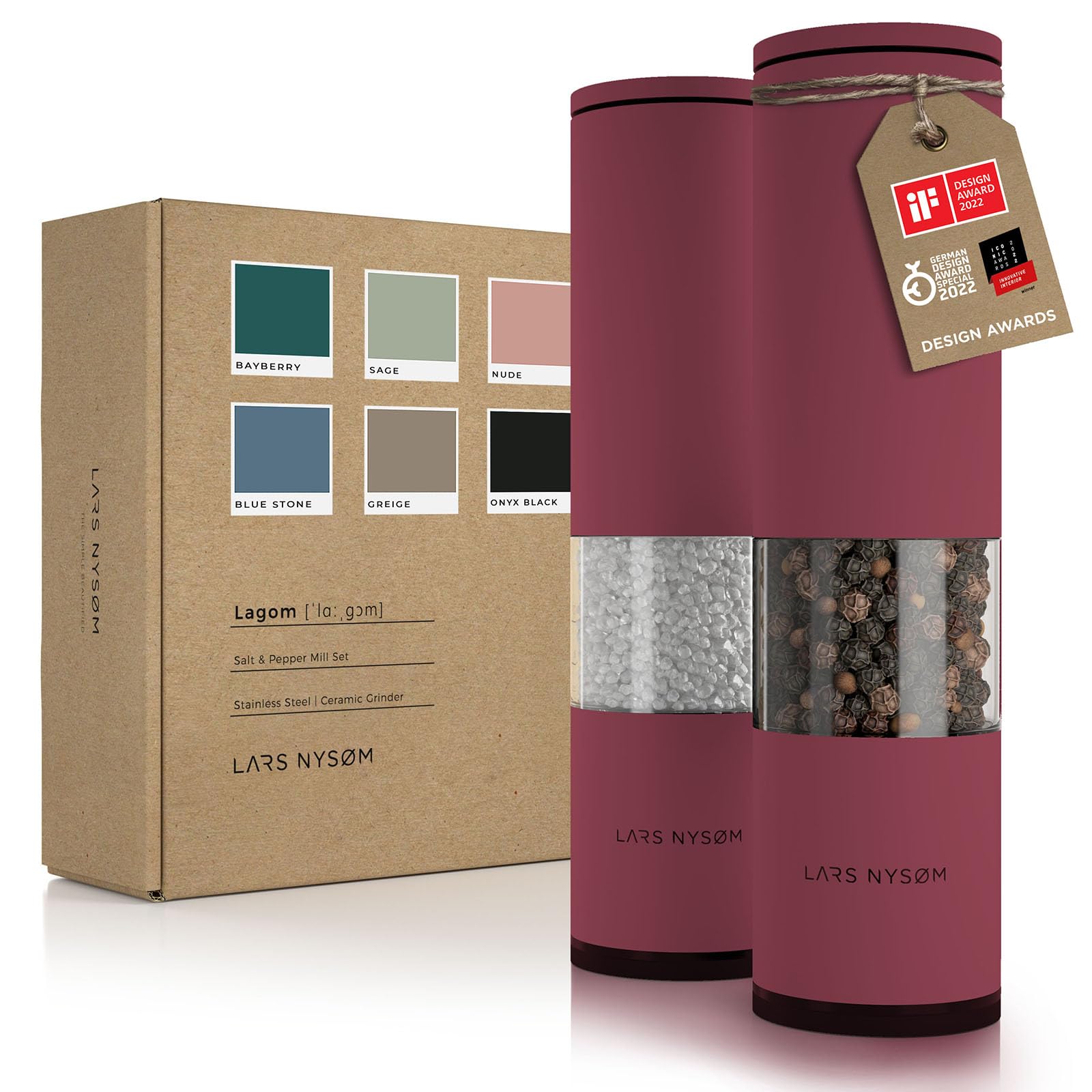 Premium LARS NYSØM Salt and Pepper Grinder Set - 2-Piece Adjustable Ceramic Mill with Ergonomic Design - Manual Spice Grinder for Kitchen, Dining Table & Outdoor BBQ (Berry Red)