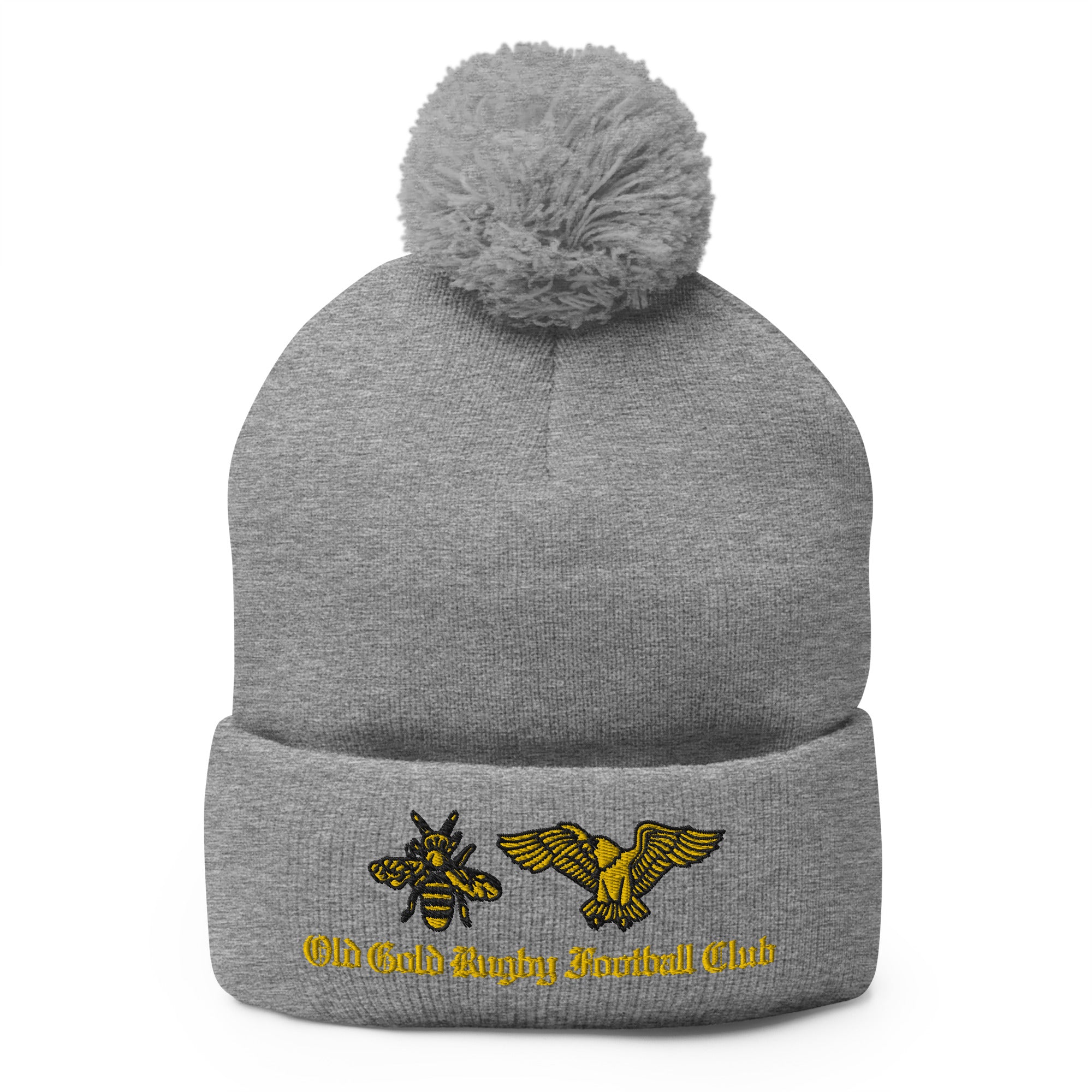Old Gold RFC Pom Beanie - Winter Knit Hat with Faux Fur Pom for Men & Women - Cozy & Stylish Cold Weather Accessory for Outdoor Activities, Skiing, Snowboarding, and Casual Wear