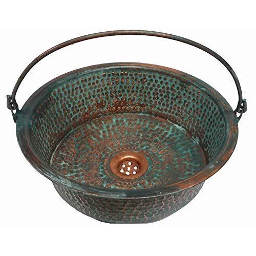 Vintage Oxidized Green Copper Bathroom Bucket - Handcrafted Wash Basin for Sink, Toilet & Bathroom Decor | Perfect for Rustic Farmhouse, Industrial Style Bathrooms & Vintage Home Renovation Projects