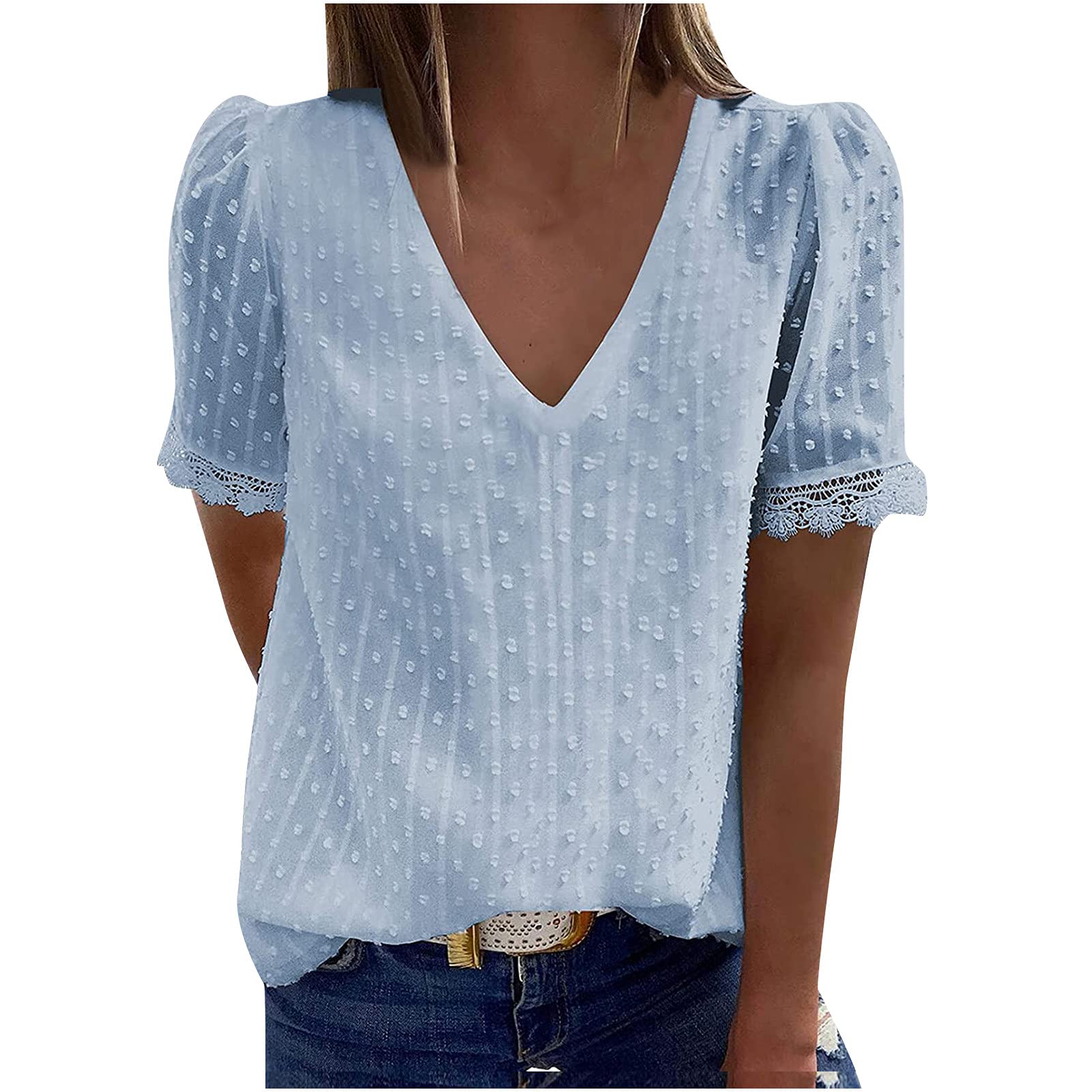 Elegant Women's Jacquard Pom Pom Blouse - Short Sleeve V-Neck Dressy Tunic Top for Work, Party & Going Out | Breathable & Comfortable Office Wear & Casual Outfit