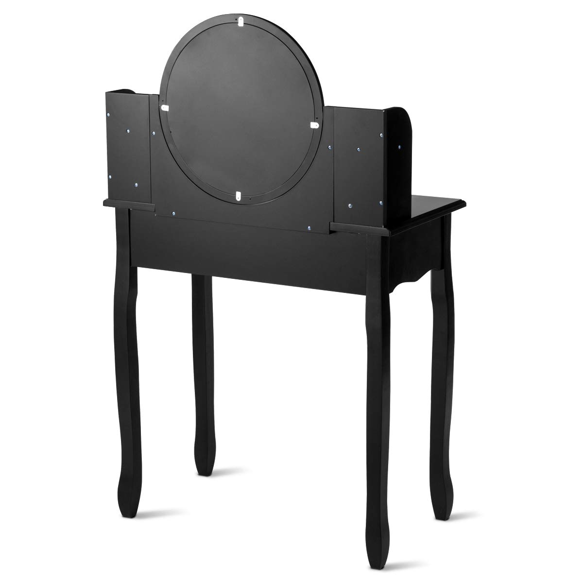 Charmaid Vanity Set with 4 Storage Shelves & 4 Drawers, Makeup Dressing Table with 360° Swivel Mirror, Cushioned Stool & Organizers - Elegant Black Vanity Desk for Women & Girls | Perfect for Bedroom, Dorm Room & Beauty Salon Makeup Station