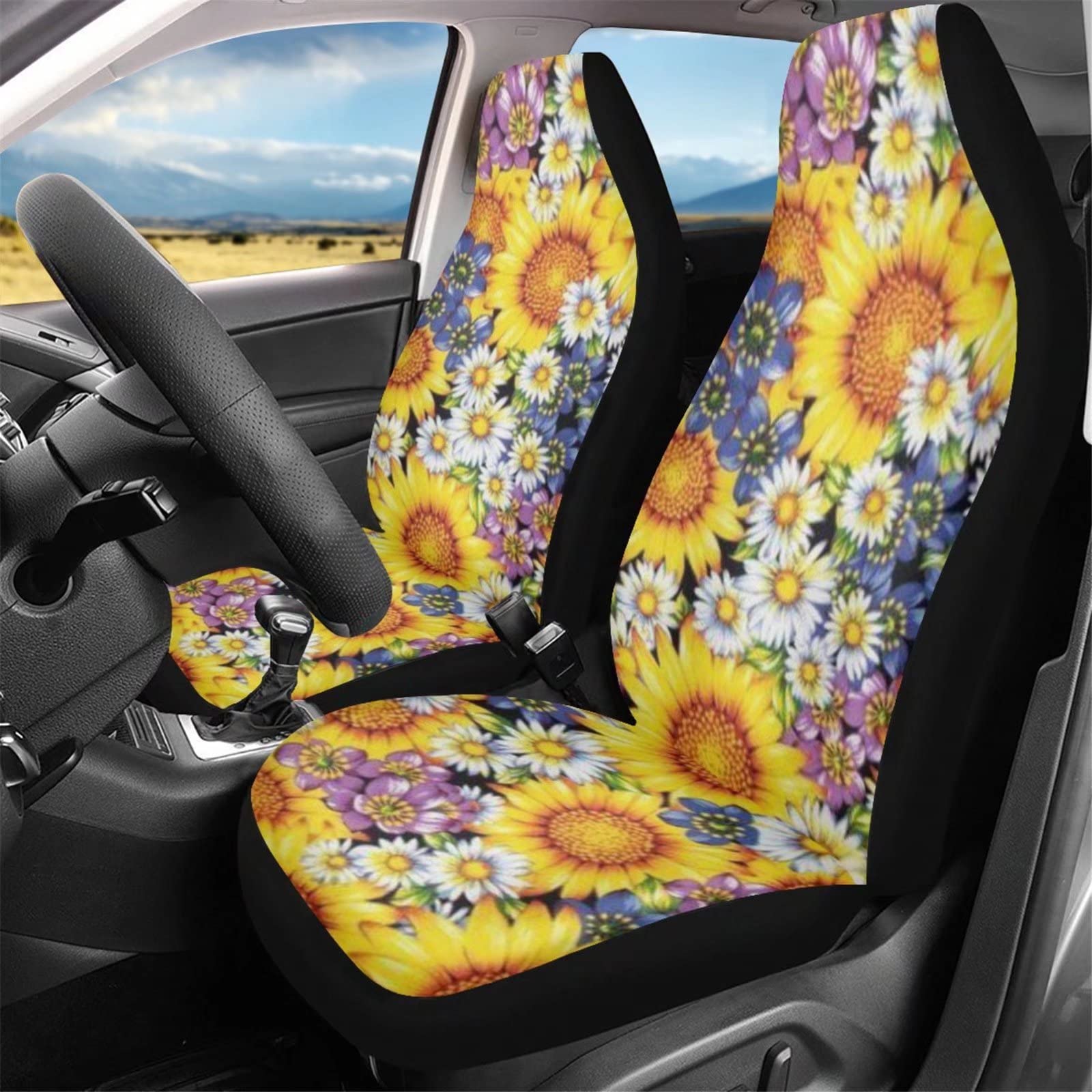 **Binienty Universal Car Seat Cover Full Set - Sunflower Floral Design, Durable Front Seat Cushion Protector (2 Pack) - Comfortable & Breathable for Cars, SUVs, Trucks - Perfect for Daily Commute, Road Trips & Pet Protection**