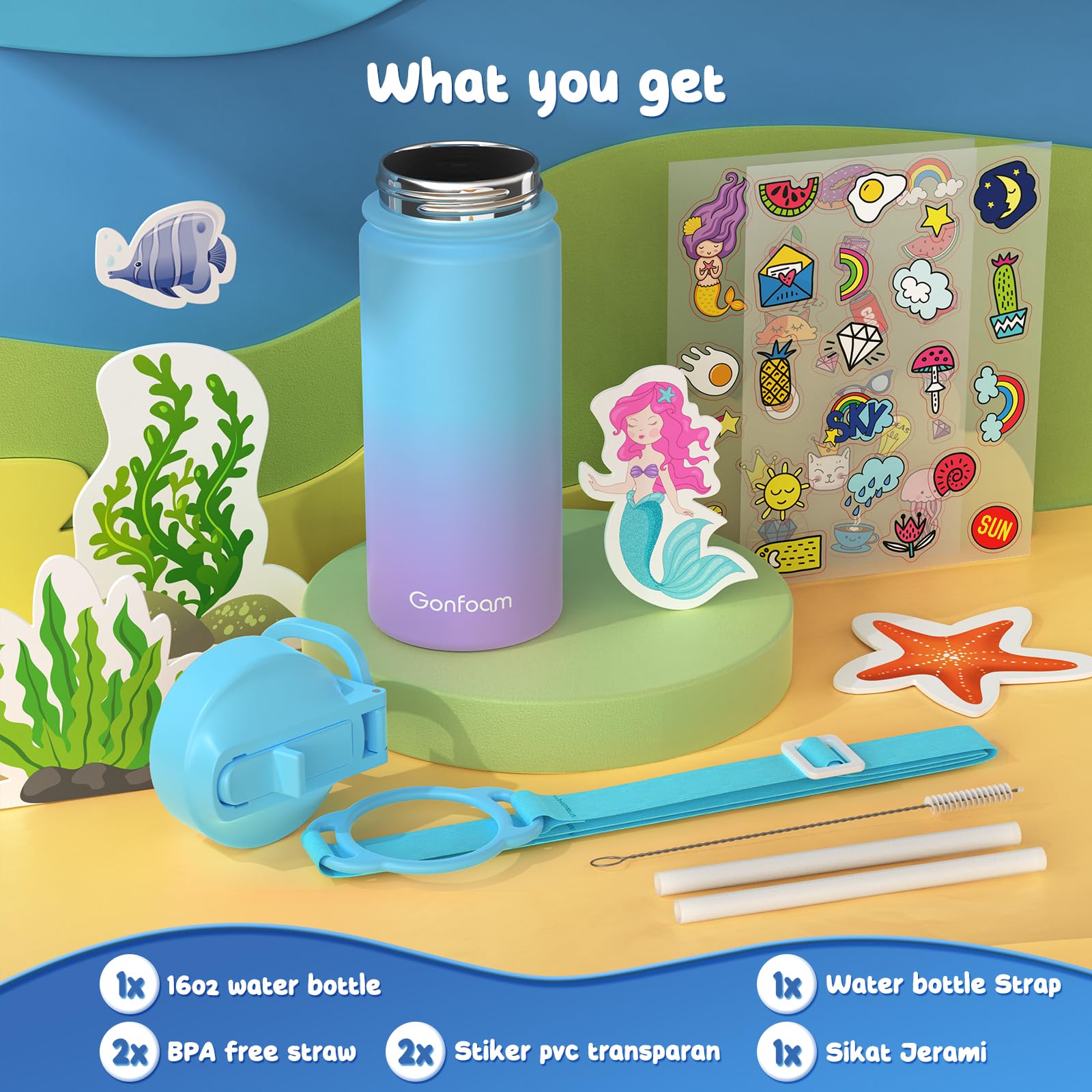 16oz Kids Water Bottle with Stickers - Blue & Purple Design for School, Sports & Outdoor Activities