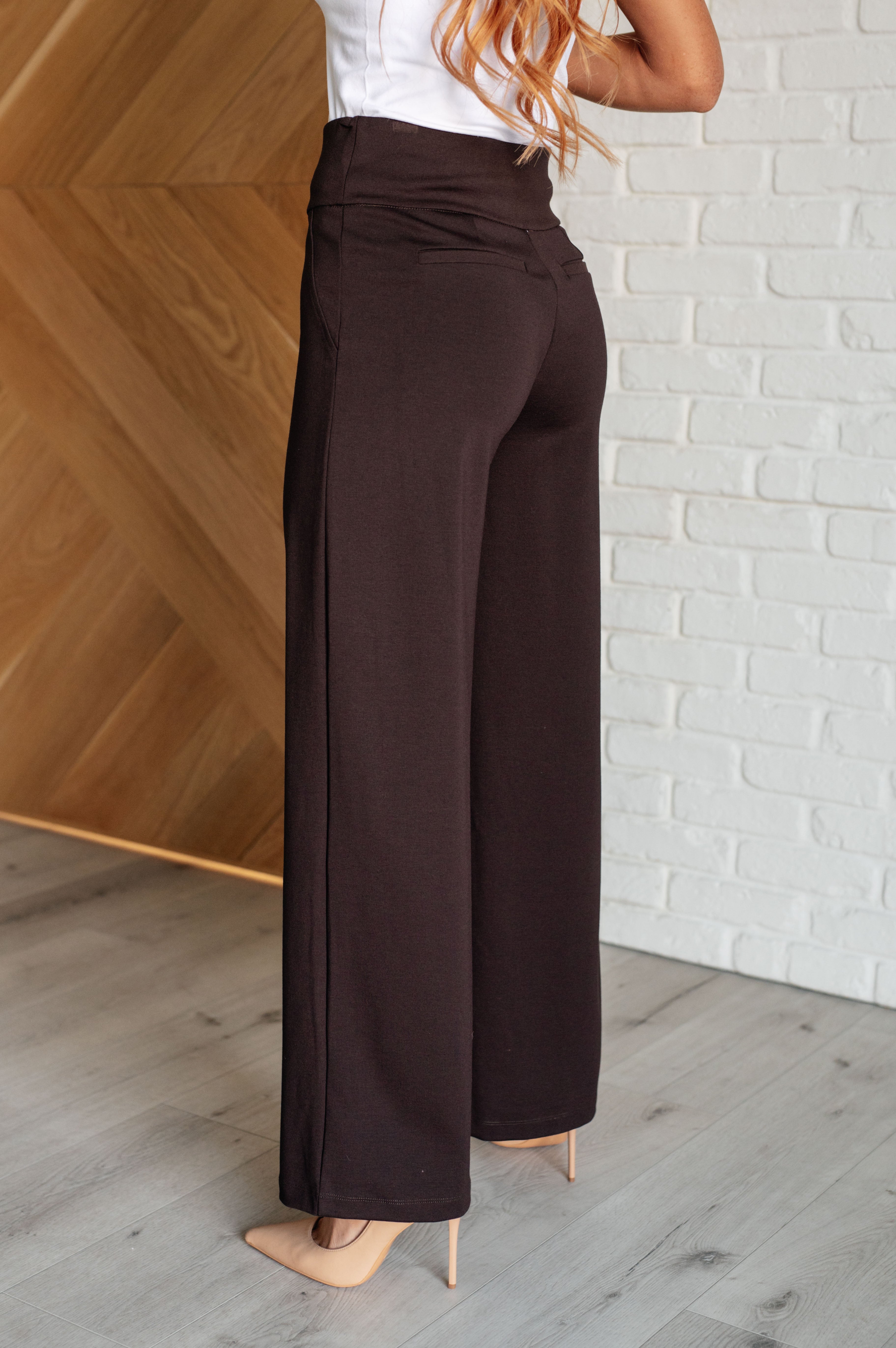 Magic Wide Leg Pants for Women - Comfortable High Waisted Chocolate Brown Trousers for Work, Travel & Casual Outfits