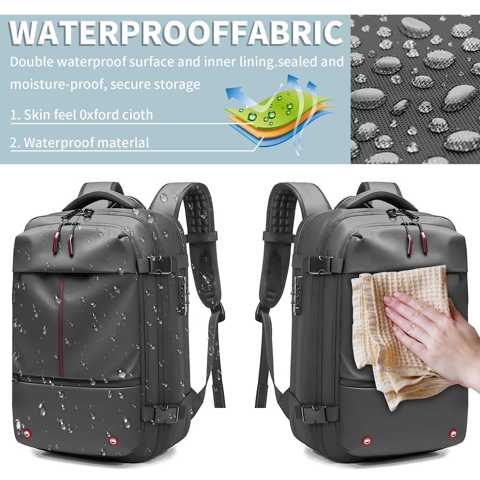 Vacuum Compression Travel Backpack 60L with Air Pump - Expandable, Anti-Theft Light Gray Hiking Backpack for Camping, Hiking & Outdoor Adventures