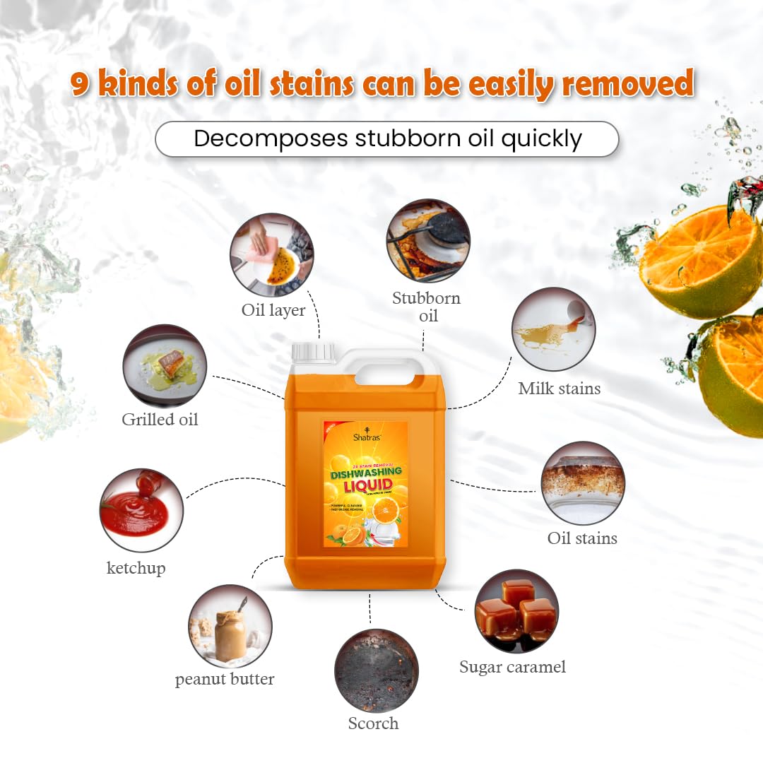 Shatras Orange Dishwashing Liquid Gel - 5L Heavy Duty Kitchen Cleaner for Grease & Oil Removal | Dishwasher Safe, Multi-Surface Detergent for Pots, Pans & Utensils | Ideal for Home, Restaurant & Commercial Use