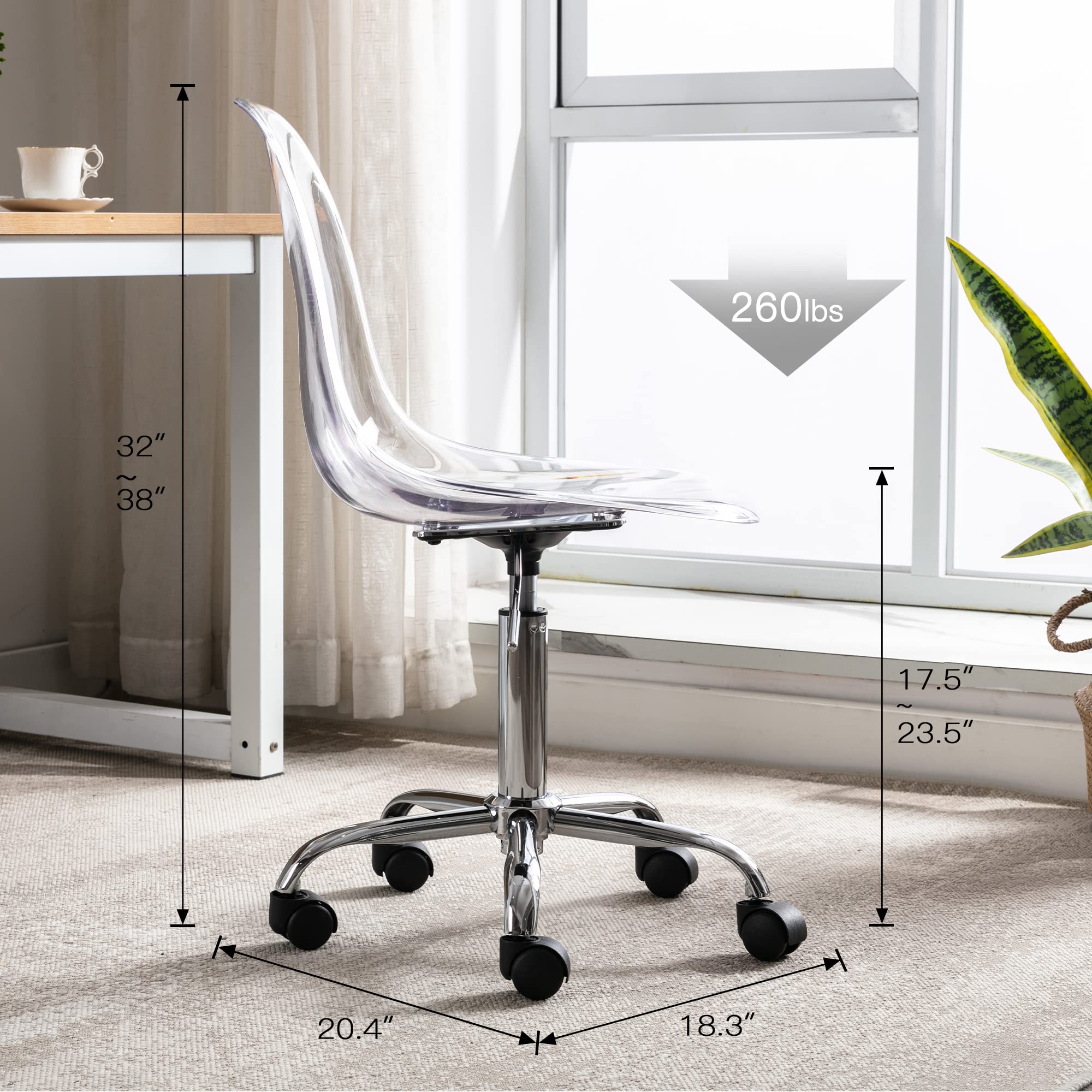 Modern Clear Acrylic Desk Chair - Adjustable Height Armless Rolling Office Chair for Home & Workspace - Small Cute Plastic Vanity Chair with Wheels - Perfect for Home Office, Study Room, Makeup Station & Modern Decor