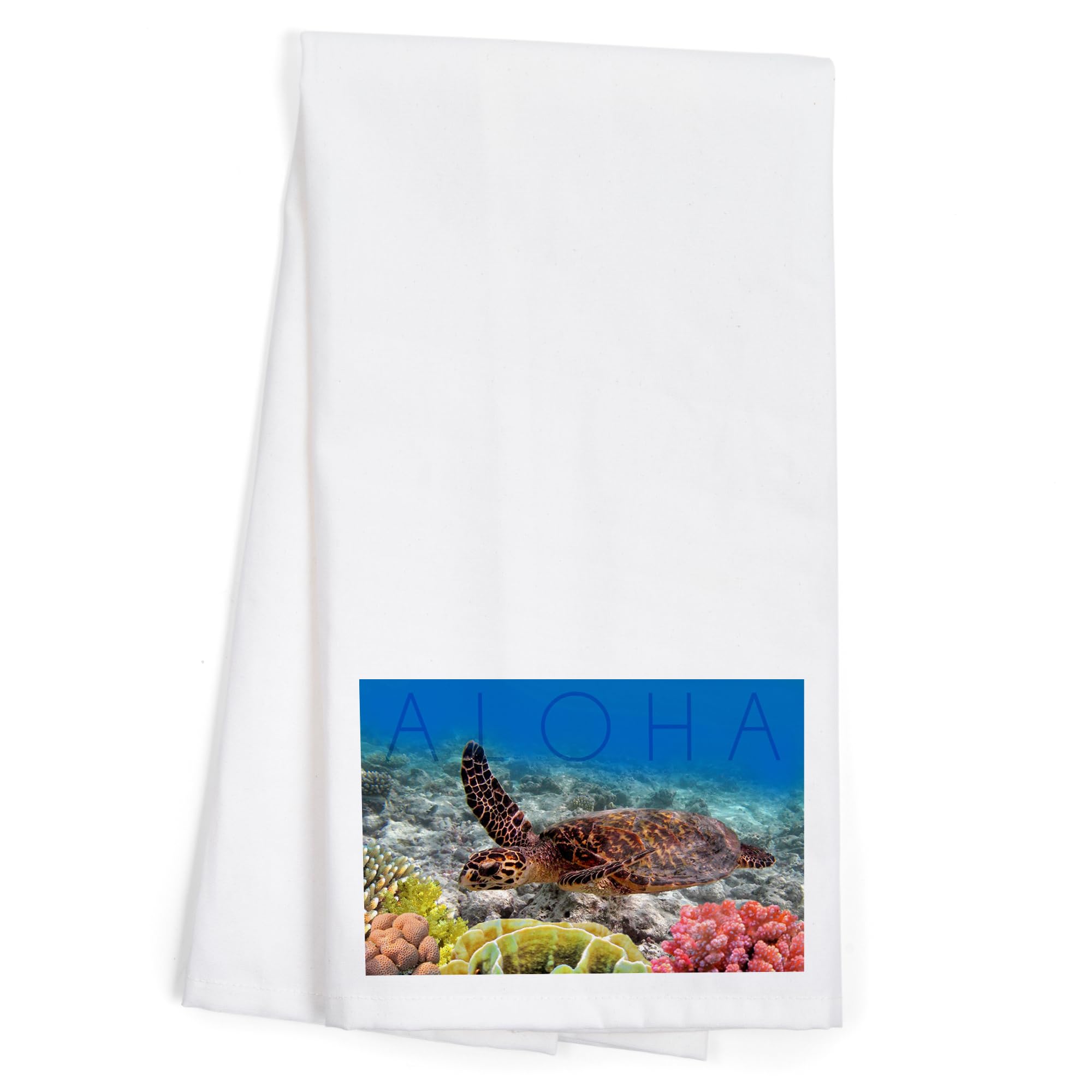 Lantern Press Sea Turtle and Coral Aloha Tea Towel - 100% Cotton Decorative Hand Towel for Kitchen & Home - Perfect for Beach House Decor, Tropical Themed Parties, and Coastal Style Kitchens